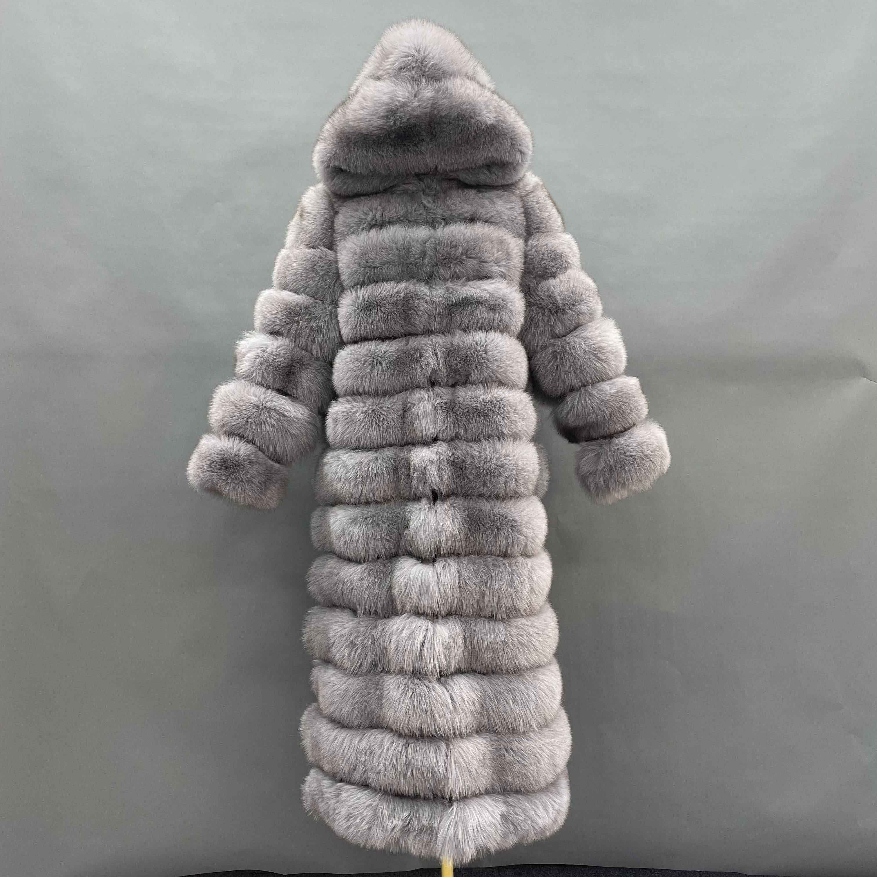 Women's Bold Color Fox Fur Hooded Maxi Coat - Multi-Layered Winter Luxury Jacket Sliver