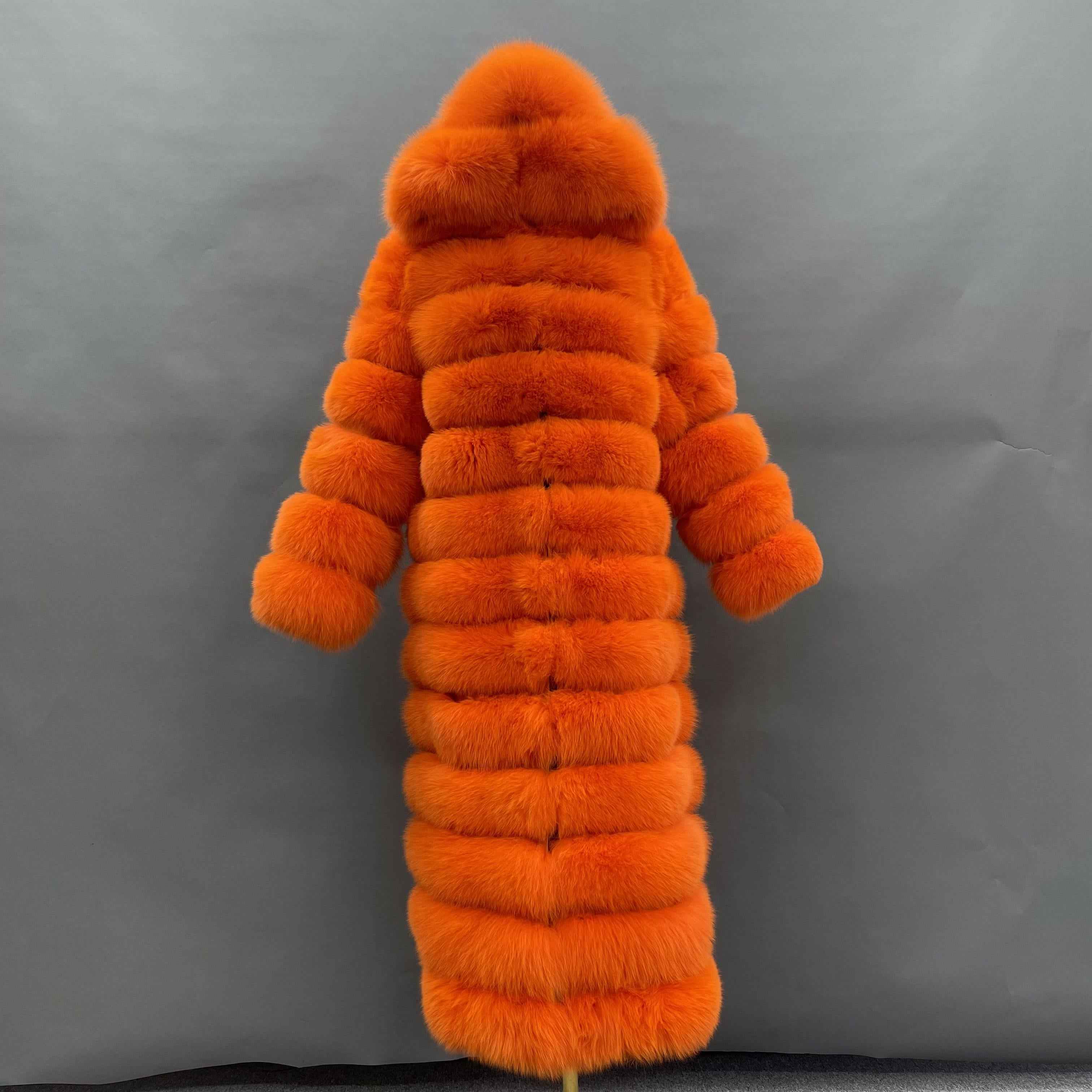 Women's Bold Color Fox Fur Hooded Maxi Coat - Multi-Layered Winter Luxury Jacket Orange