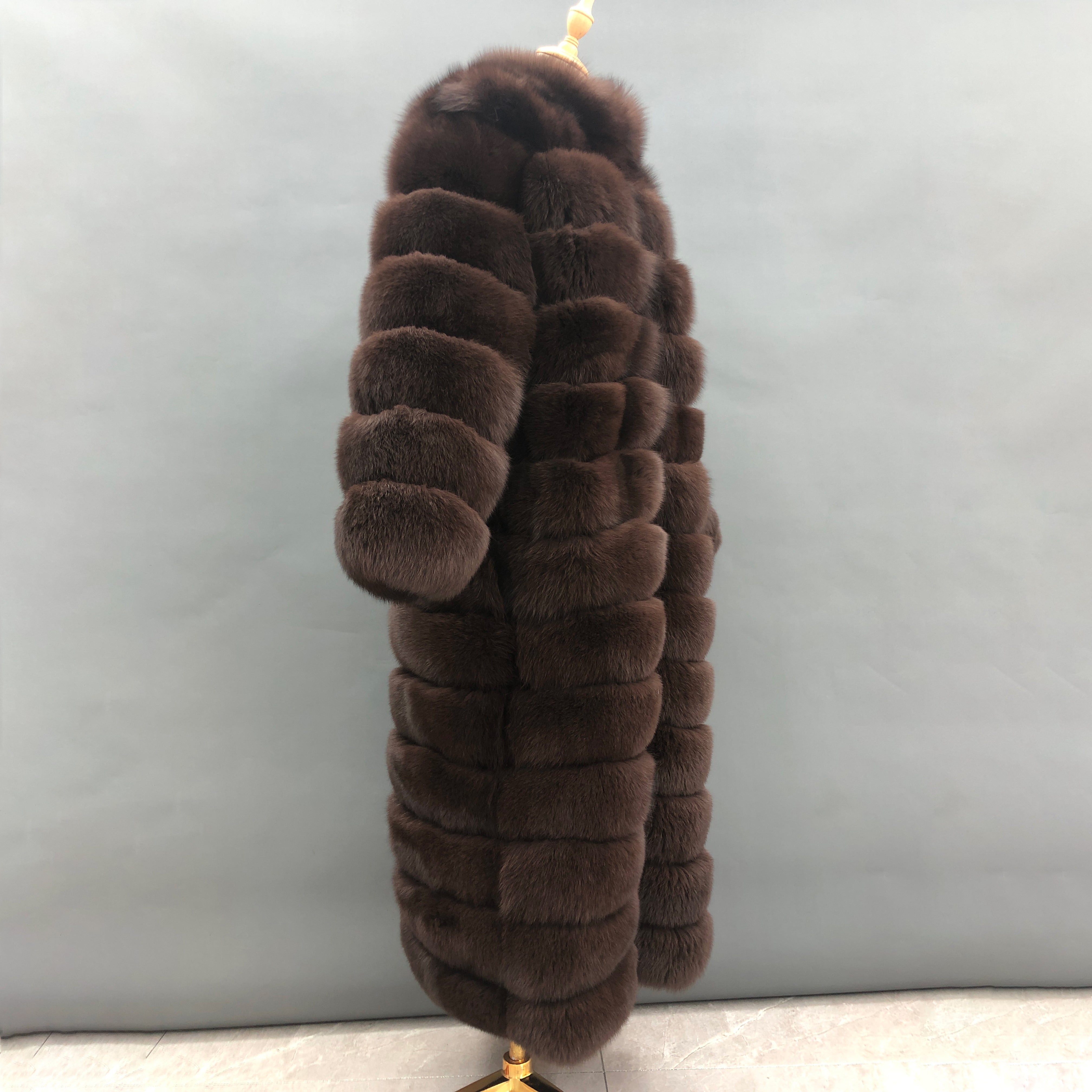 Women's Premium Dark Brown Fluffy Fox Fur Long Coat - Layered Stand Collar Winter Chic Warm Jacket
