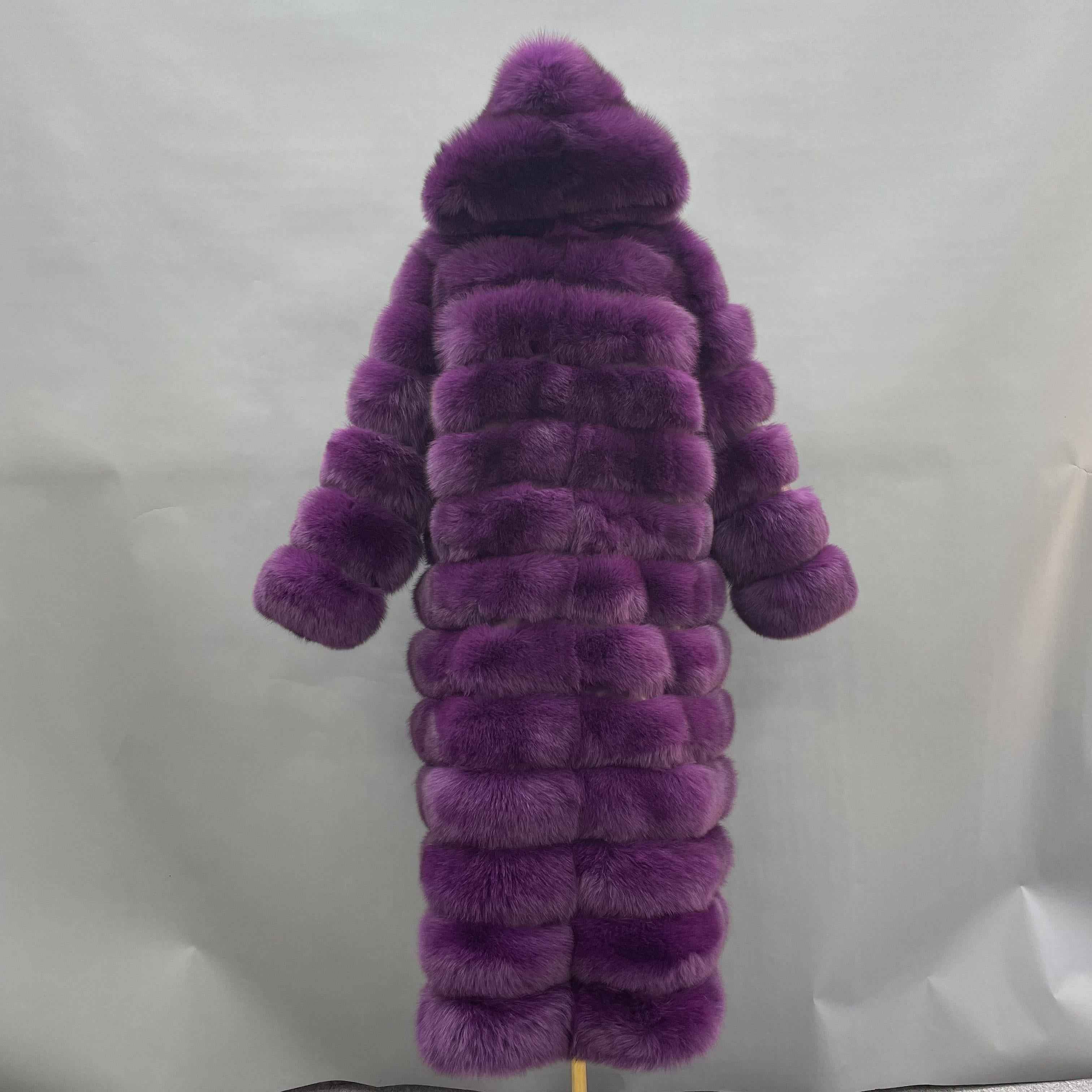 Women's Bold Color Fox Fur Hooded Maxi Coat - Multi-Layered Winter Luxury Jacket Purple