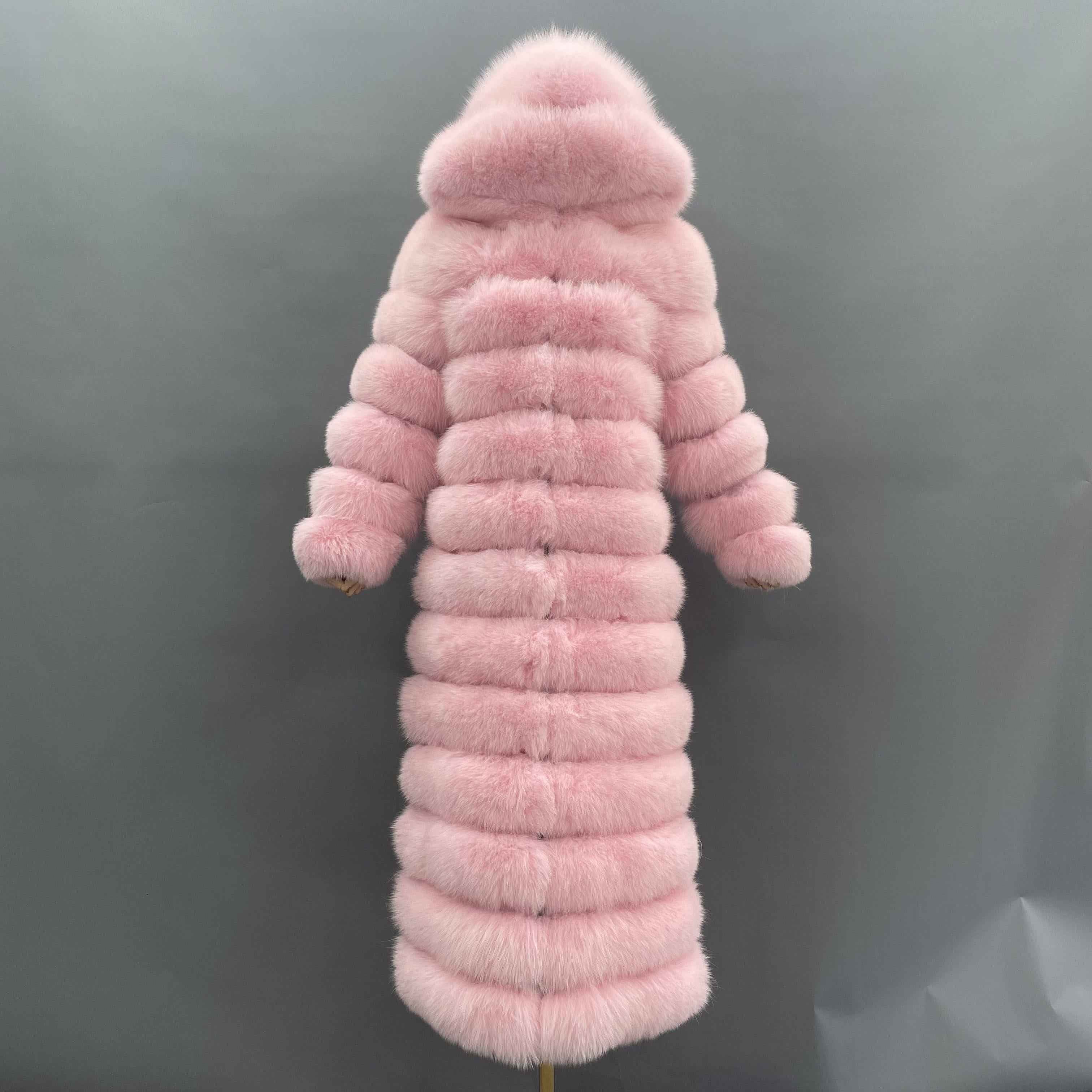 Women's Bold Color Fox Fur Hooded Maxi Coat - Multi-Layered Winter Luxury Jacket Pink