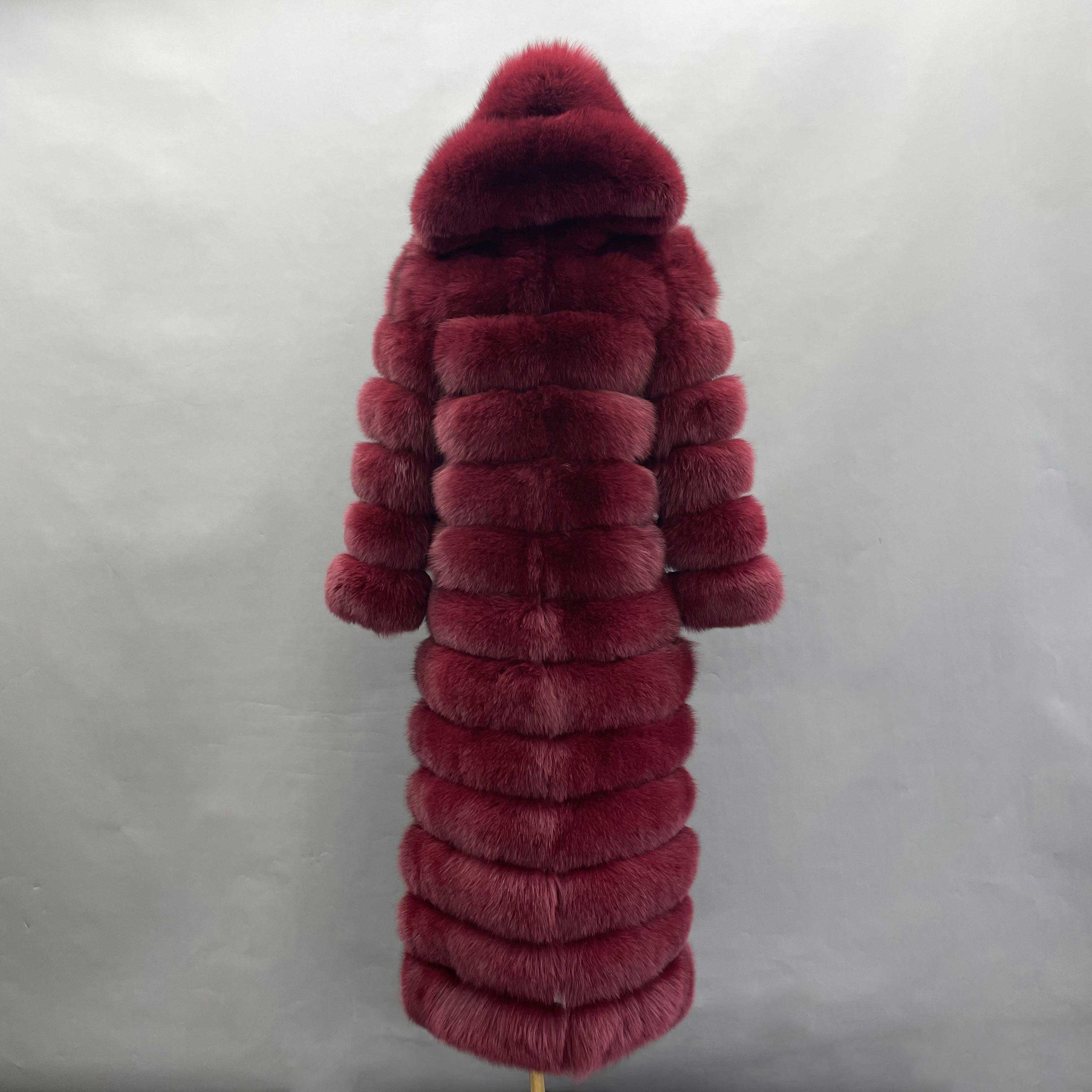 Women's Bold Color Fox Fur Hooded Maxi Coat - Multi-Layered Winter Luxury Jacket Wine