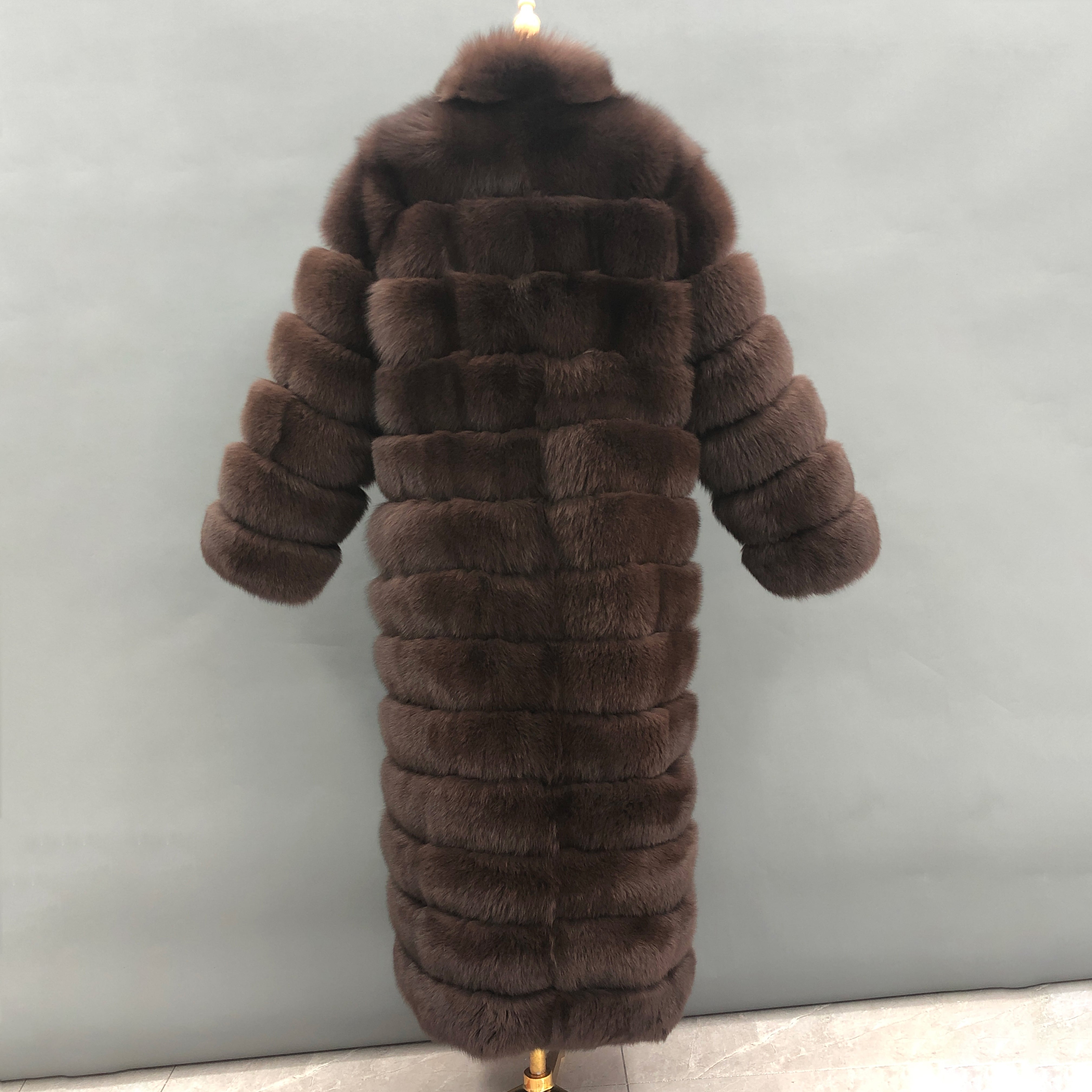 Women's Premium Dark Brown Fluffy Fox Fur Long Coat - Layered Stand Collar Winter Chic Warm Jacket Brown