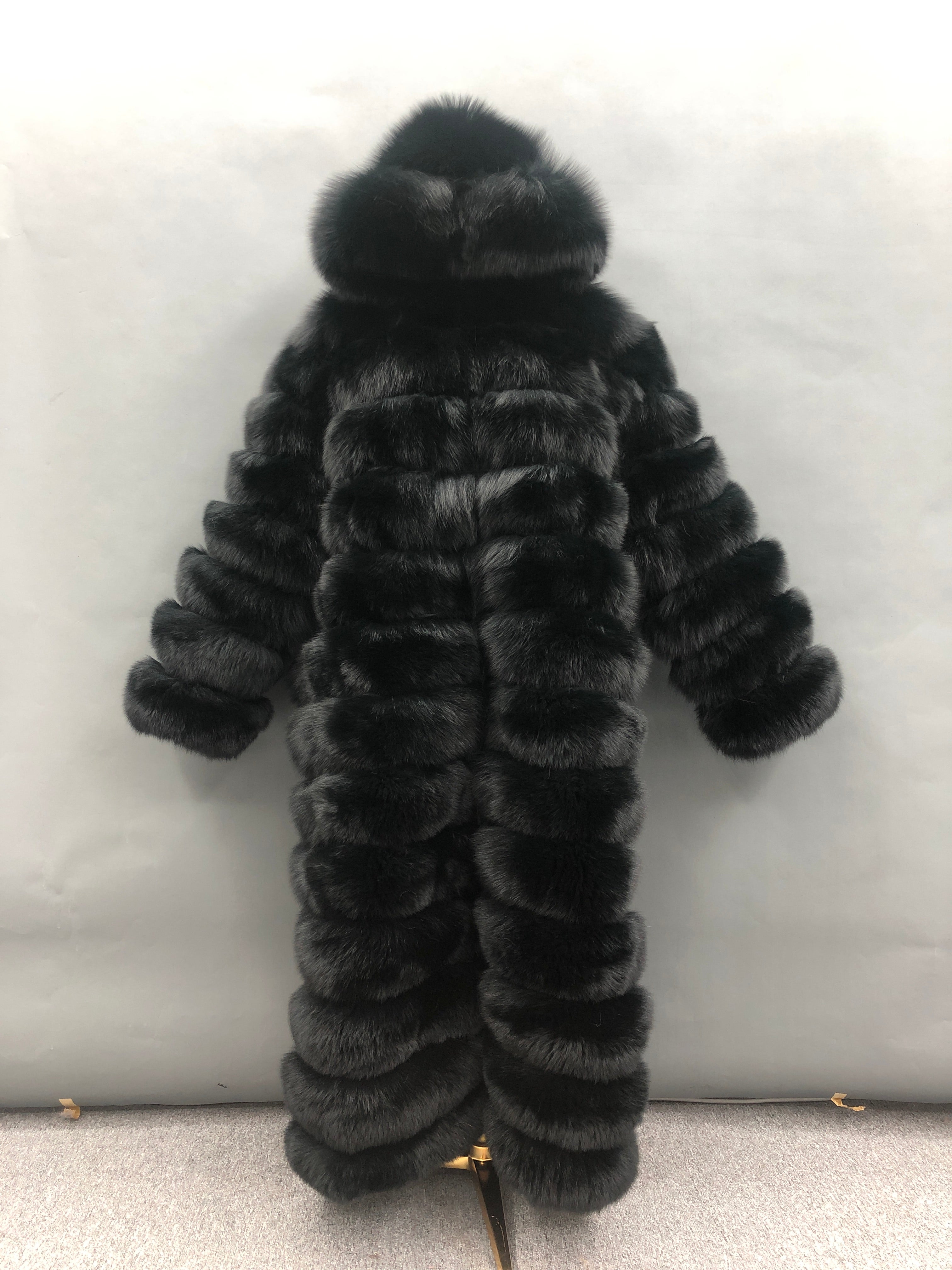 Women's Bold Color Fox Fur Hooded Maxi Coat - Multi-Layered Winter Luxury Jacket