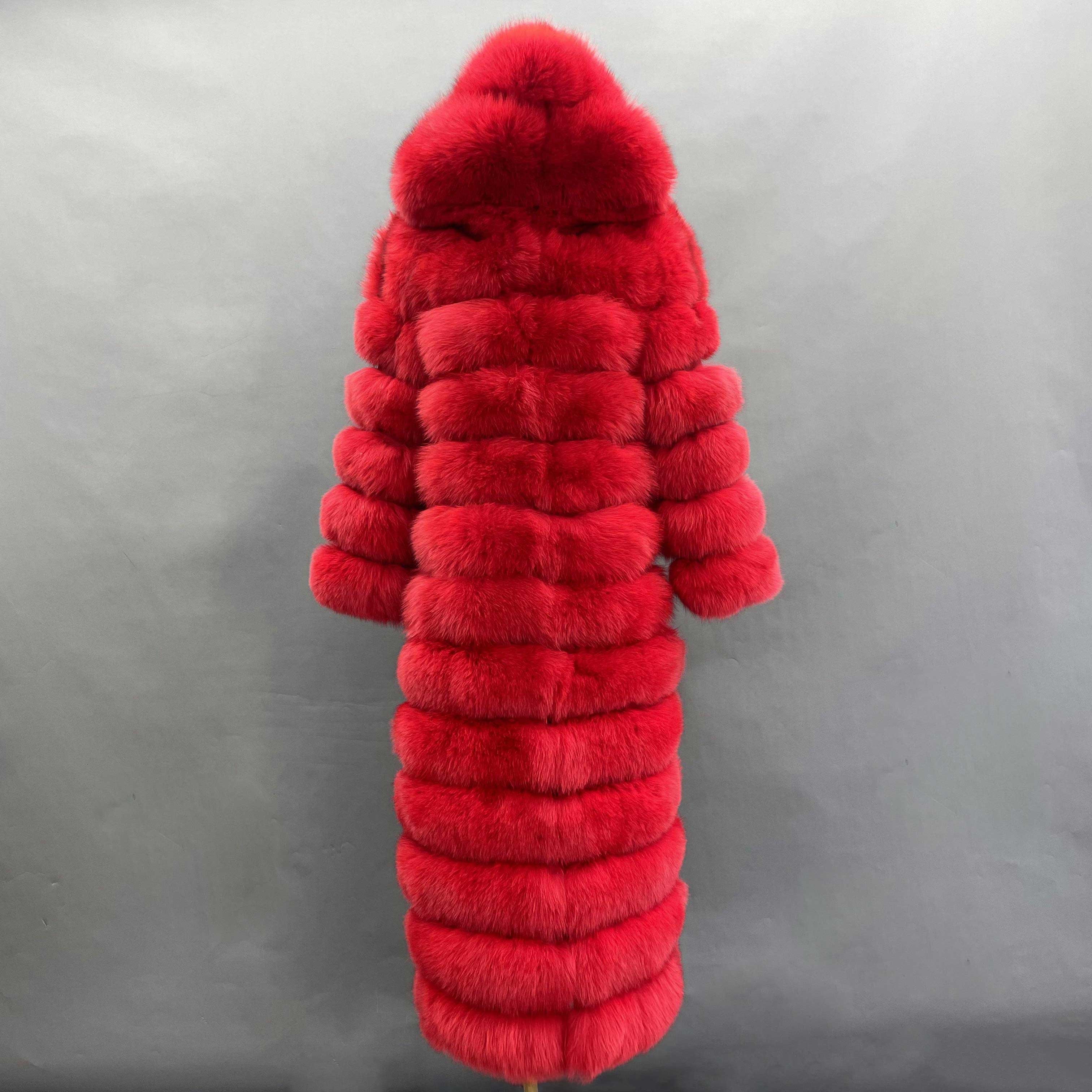 Women's Bold Color Fox Fur Hooded Maxi Coat - Multi-Layered Winter Luxury Jacket Red