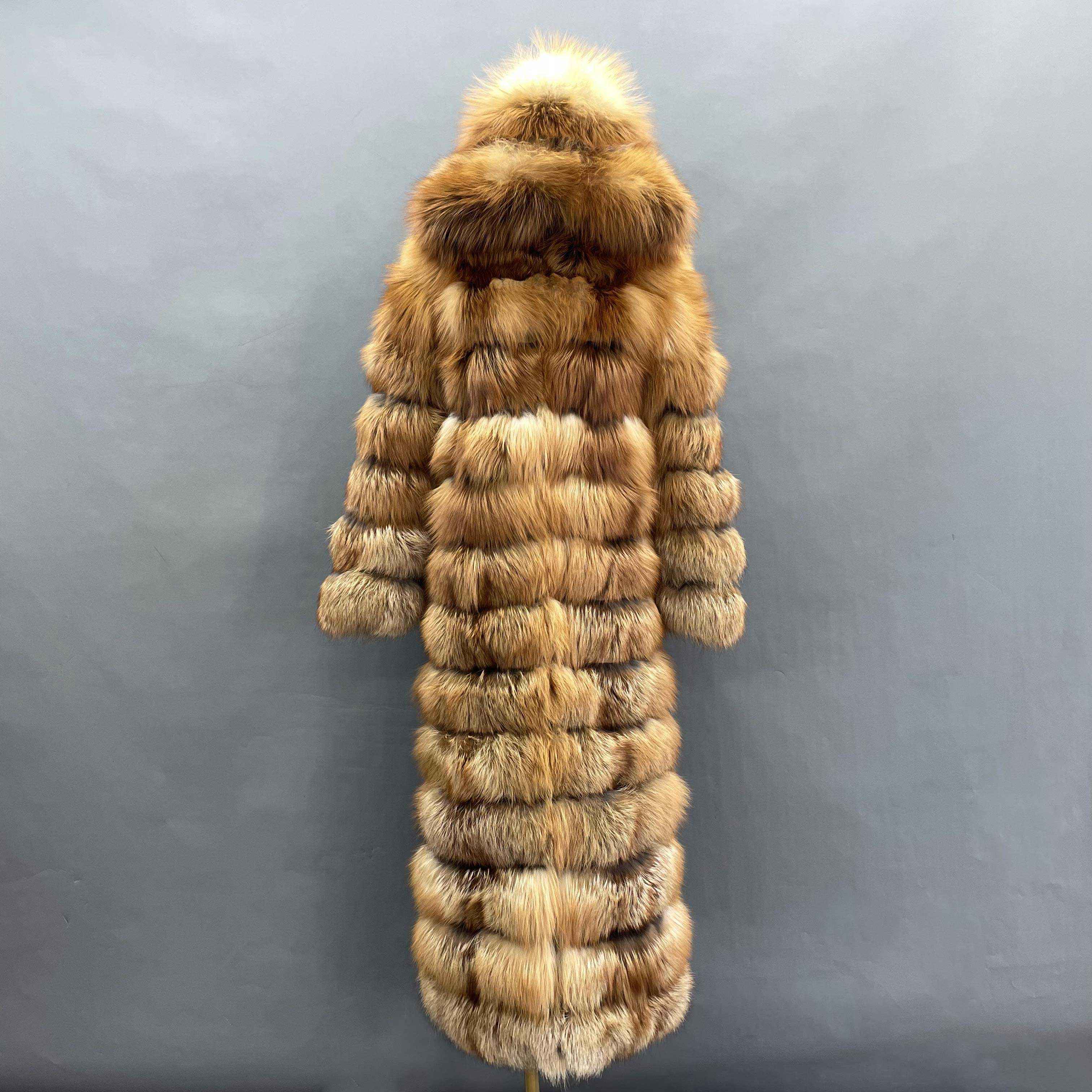 Women's Bold Color Fox Fur Hooded Maxi Coat - Multi-Layered Winter Luxury Jacket Golden