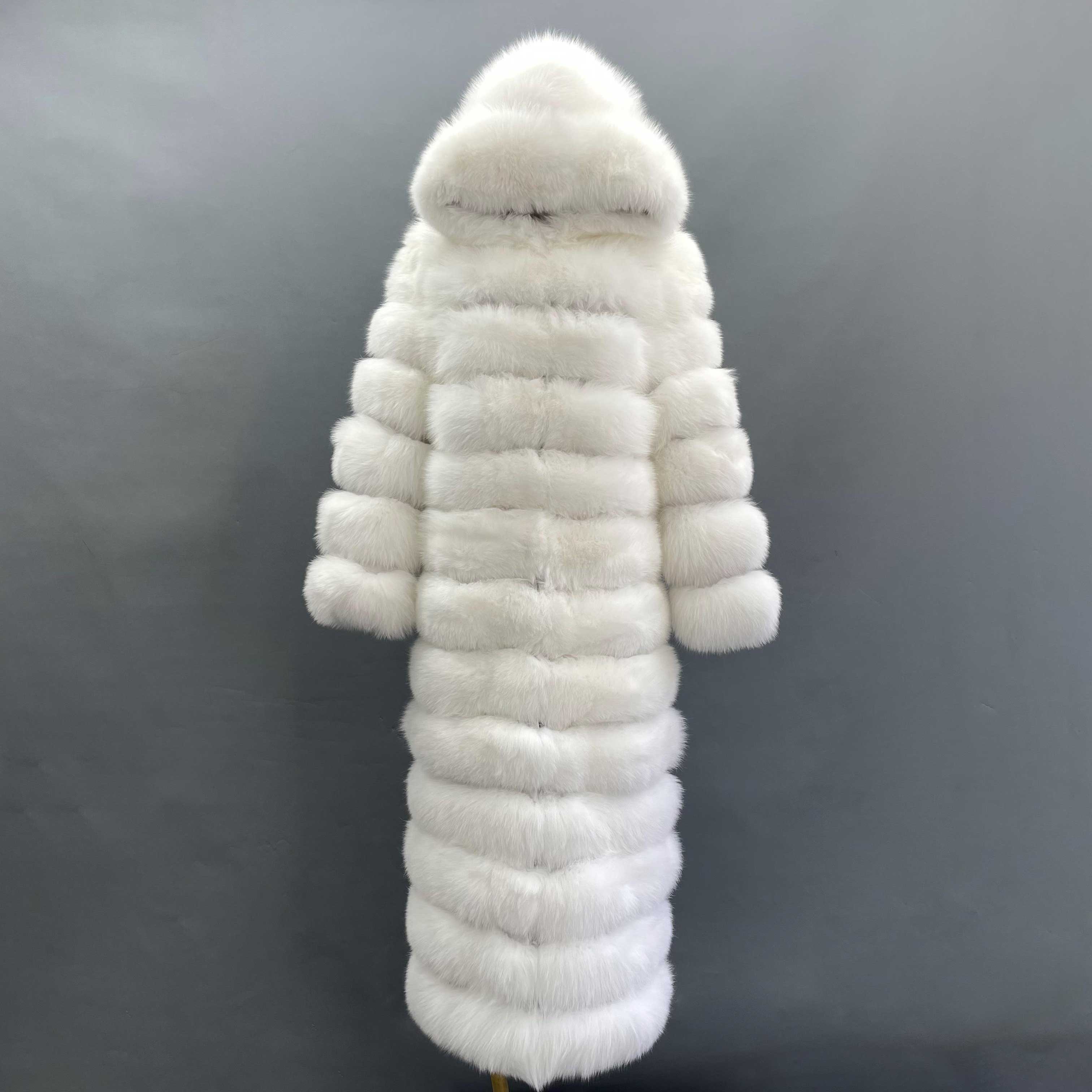 Women's Bold Color Fox Fur Hooded Maxi Coat - Multi-Layered Winter Luxury Jacket Pure White
