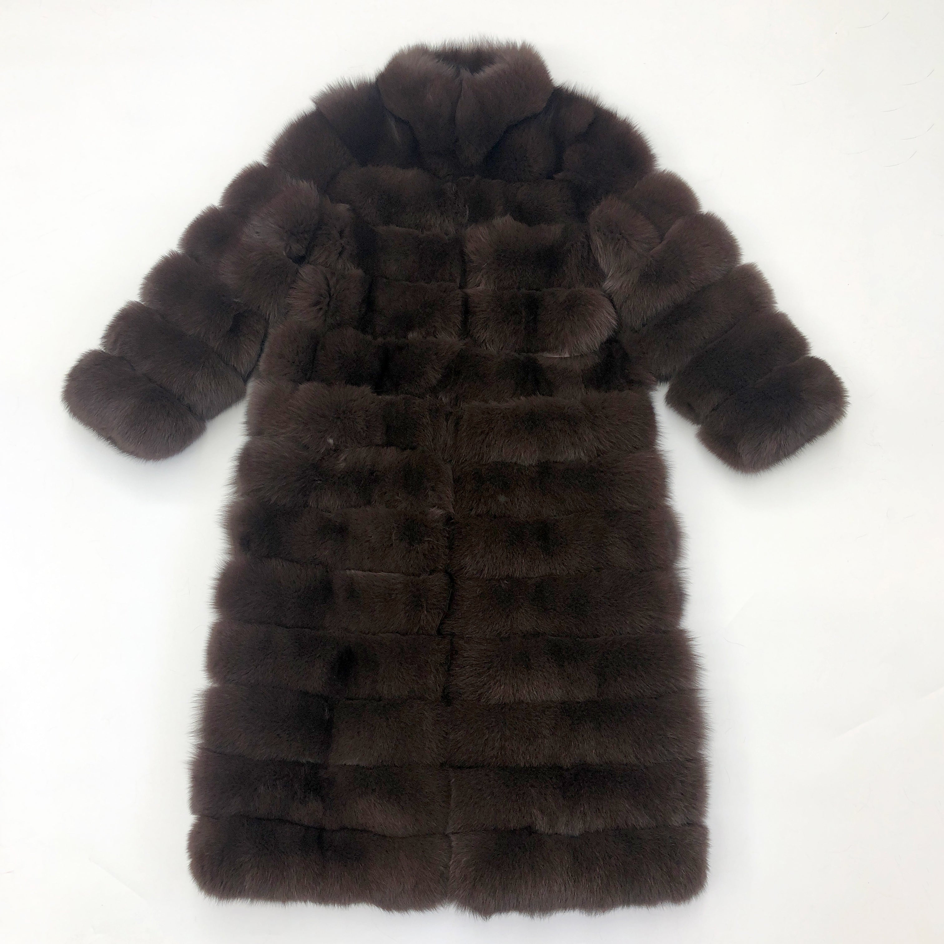 Women's Premium Dark Brown Fluffy Fox Fur Long Coat - Layered Stand Collar Winter Chic Warm Jacket