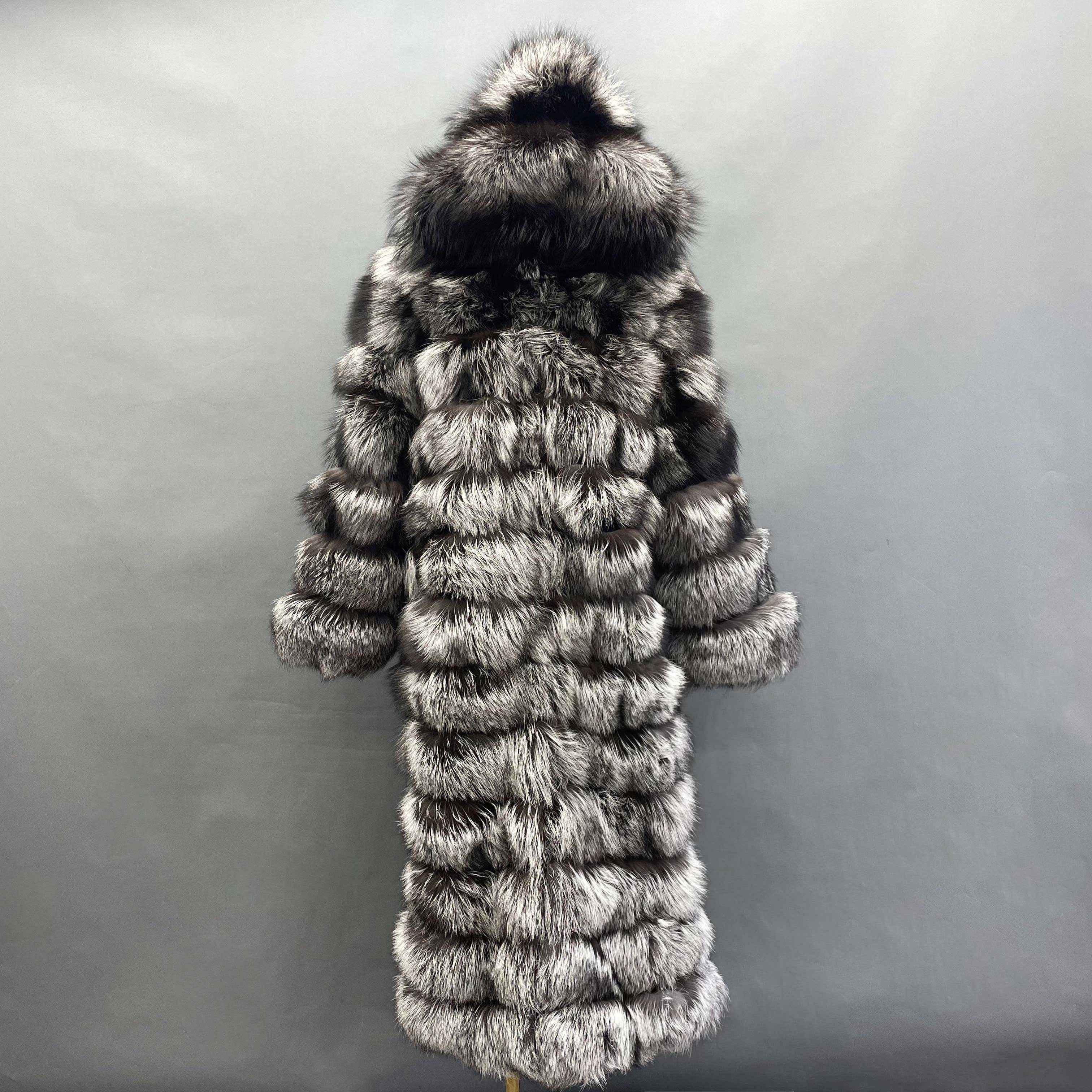 Women's Bold Color Fox Fur Hooded Maxi Coat - Multi-Layered Winter Luxury Jacket Animal