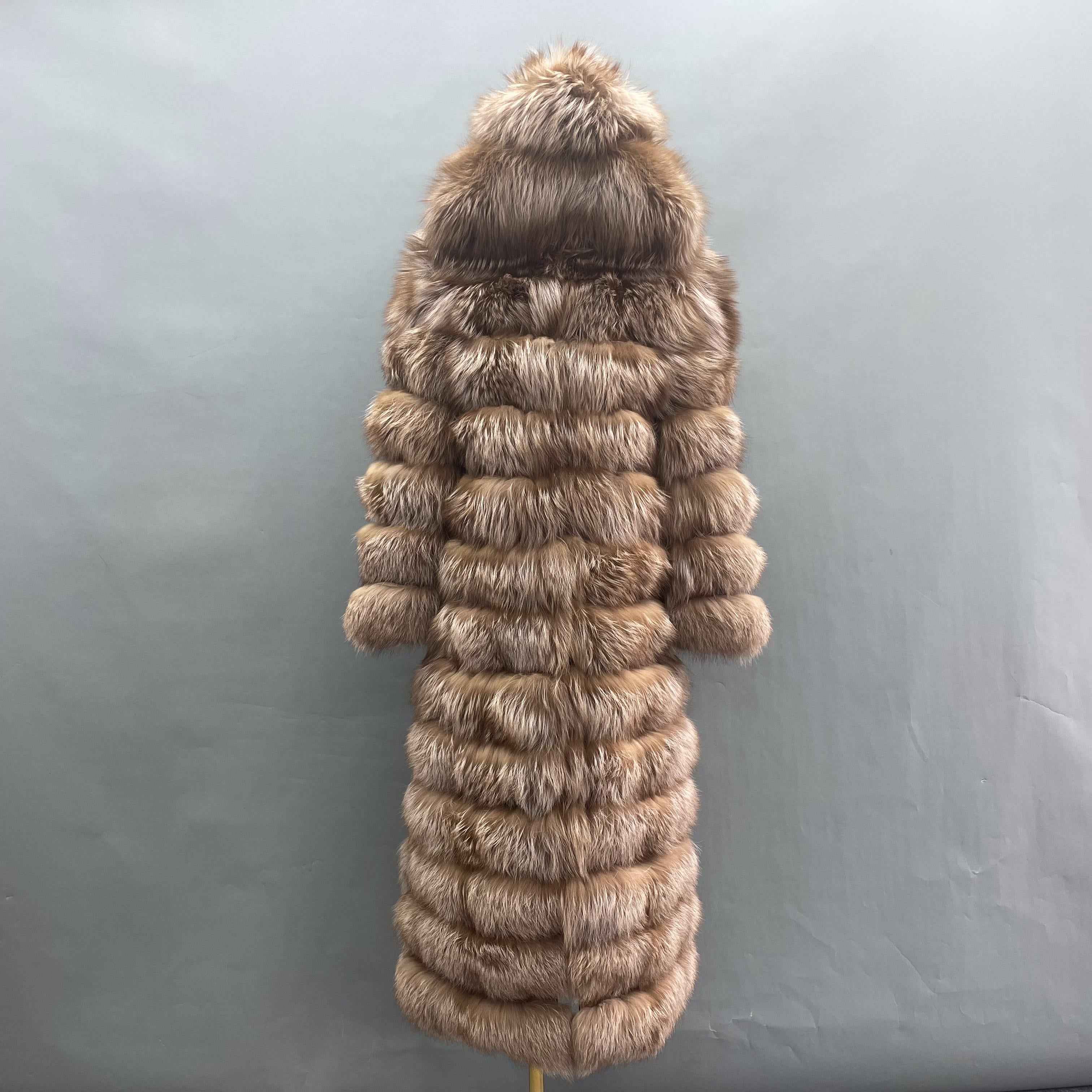 Women's Bold Color Fox Fur Hooded Maxi Coat - Multi-Layered Winter Luxury Jacket Camle