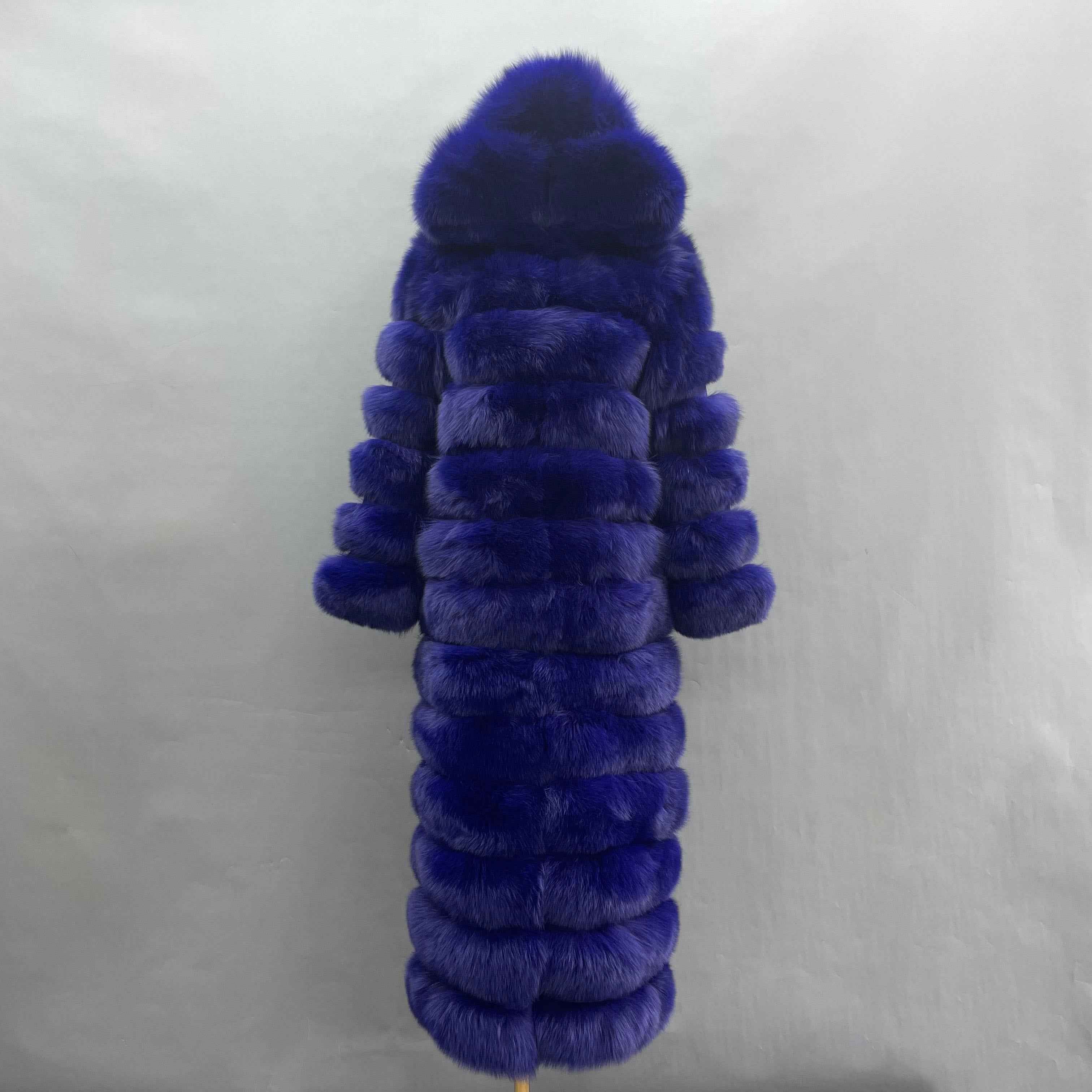 Women's Bold Color Fox Fur Hooded Maxi Coat - Multi-Layered Winter Luxury Jacket Navy