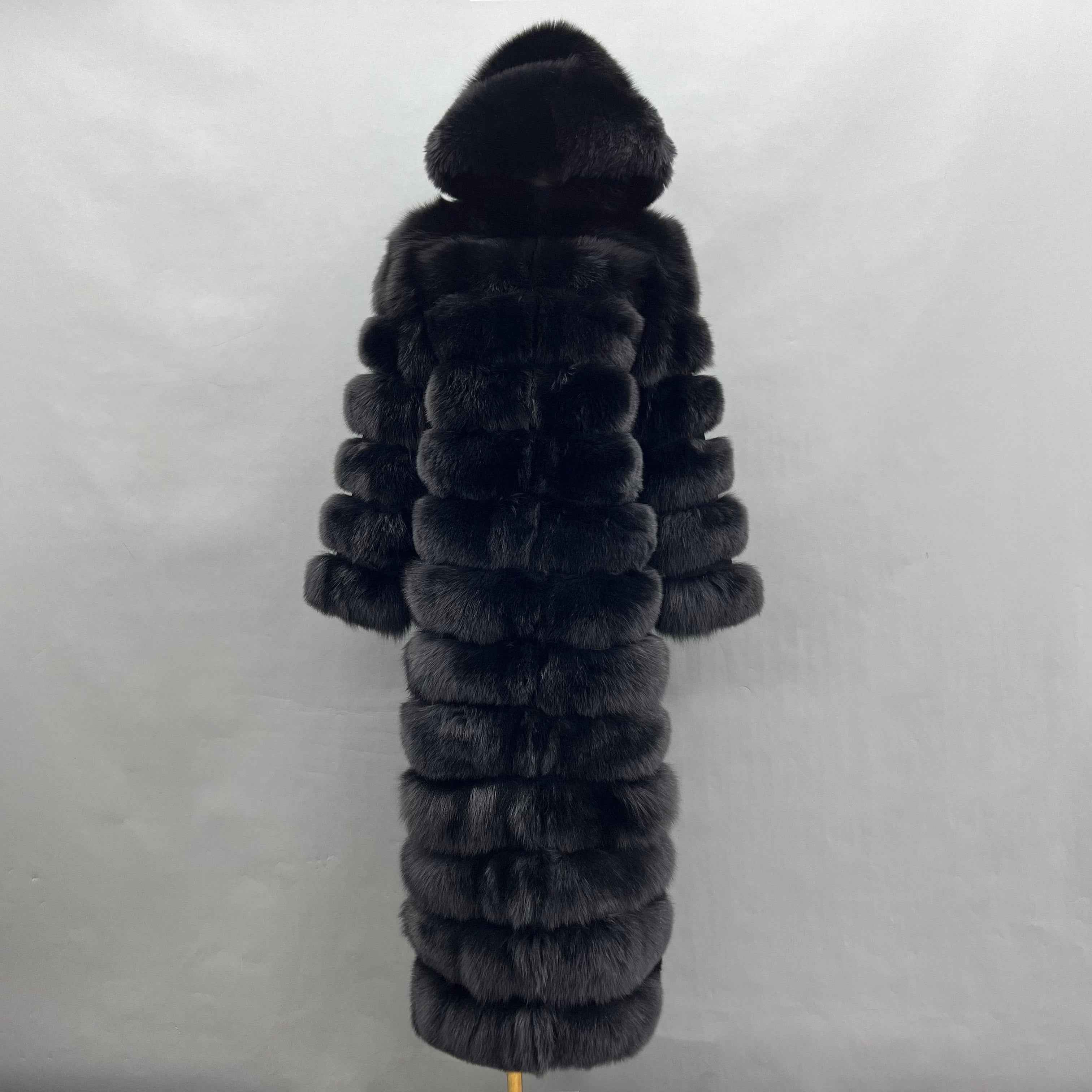 Women's Bold Color Fox Fur Hooded Maxi Coat - Multi-Layered Winter Luxury Jacket Light Black