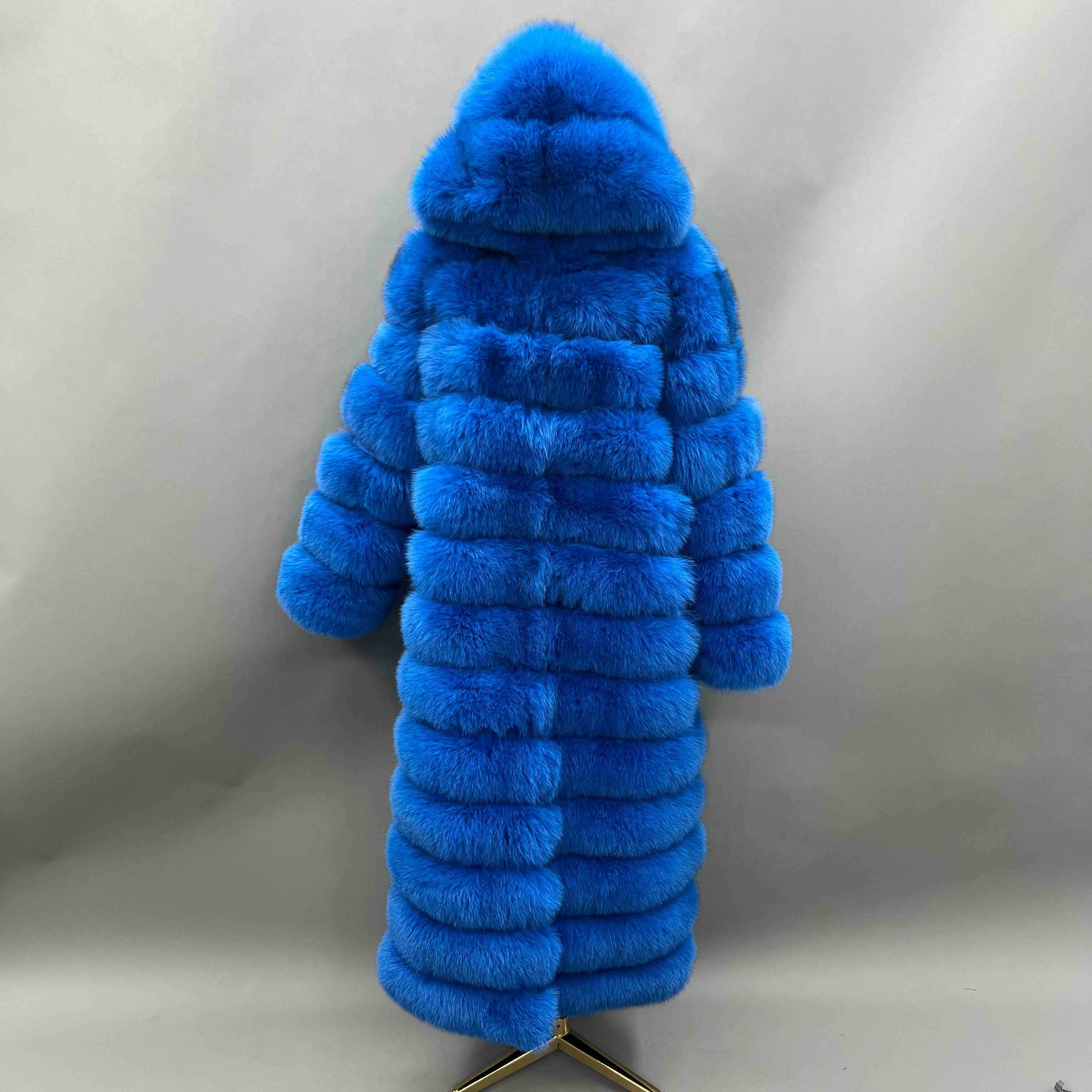 Women's Bold Color Fox Fur Hooded Maxi Coat - Multi-Layered Winter Luxury Jacket Blue