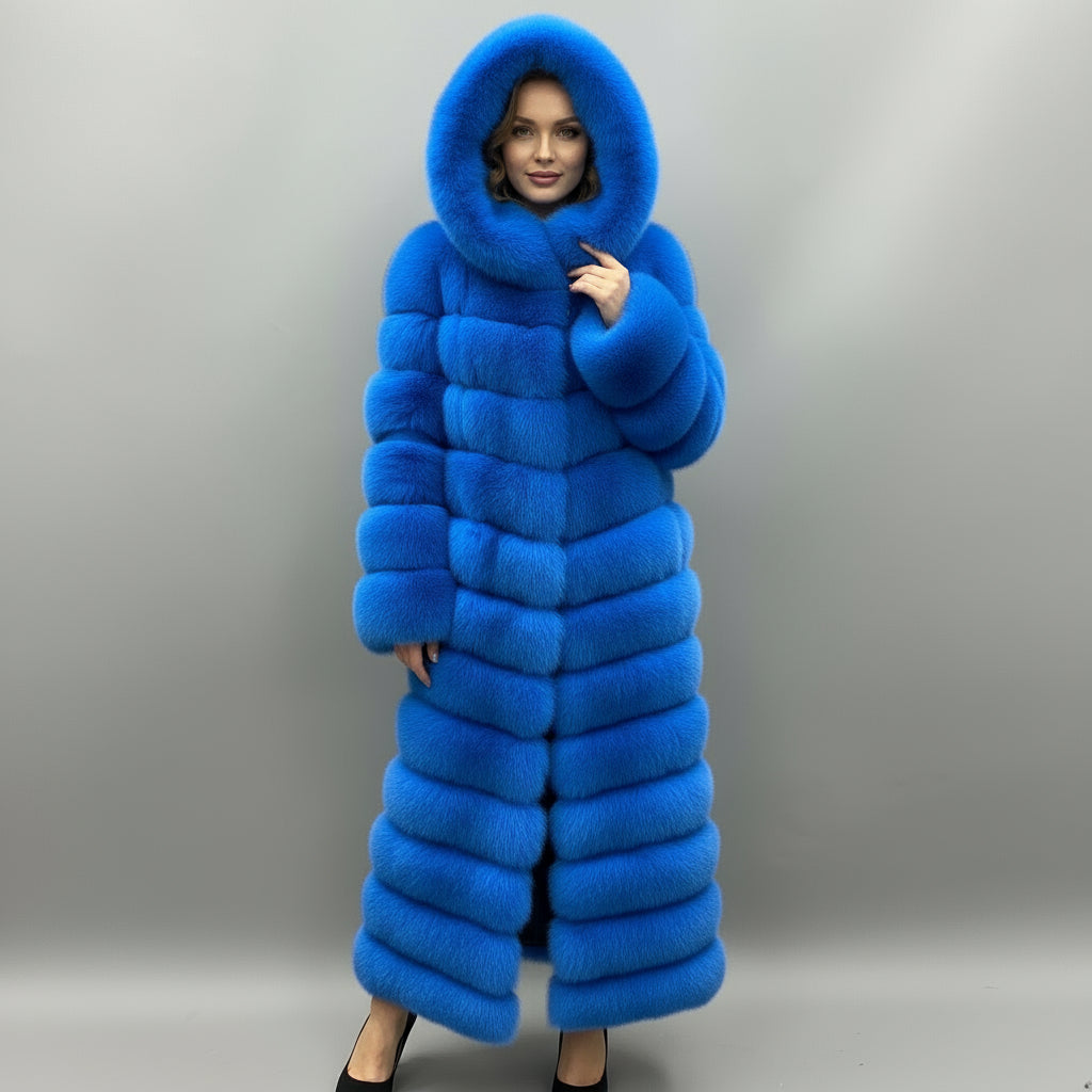 Women's Bold Color Fox Fur Hooded Maxi Coat - Multi-Layered Winter Luxury Jacket