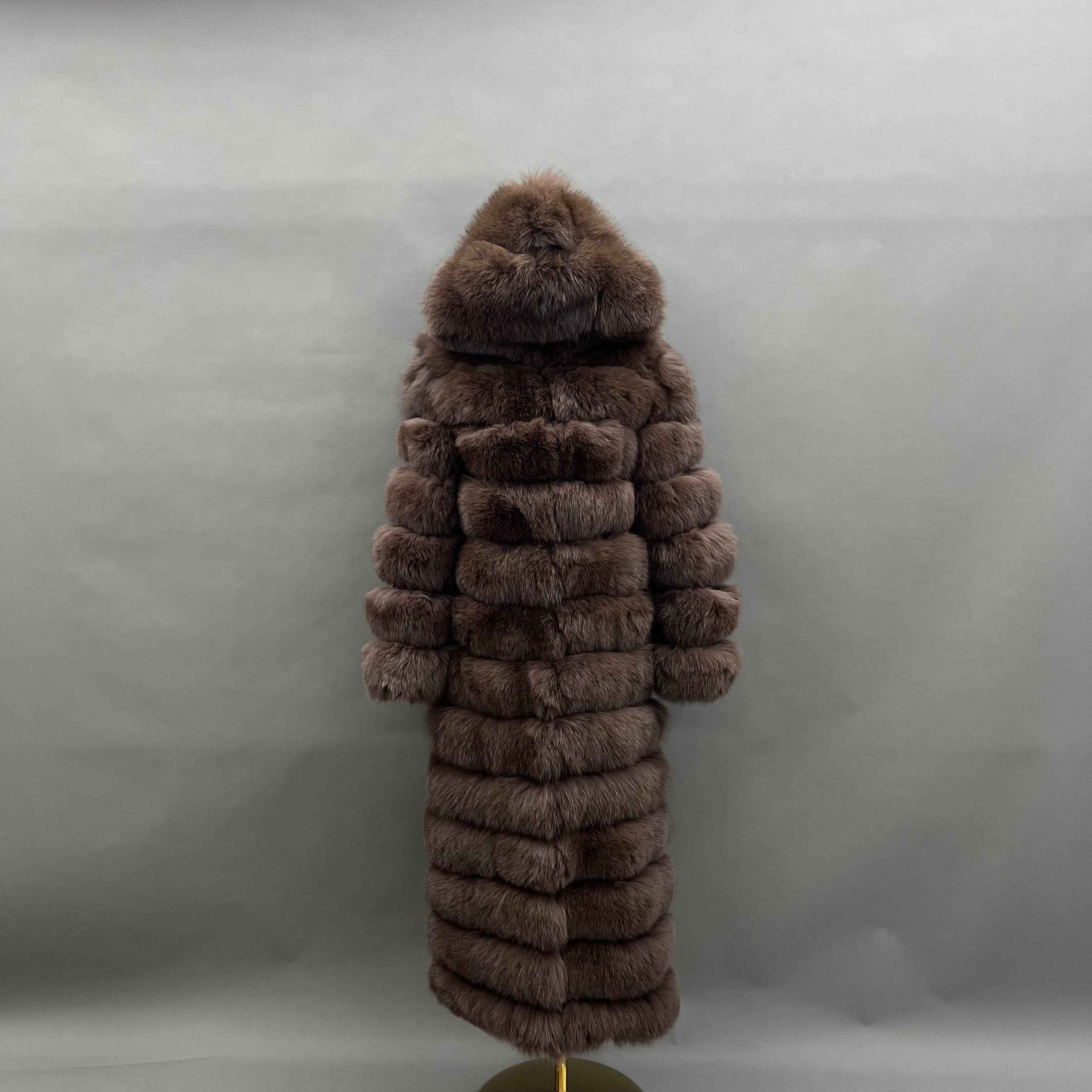 Women's Bold Color Fox Fur Hooded Maxi Coat - Multi-Layered Winter Luxury Jacket Brown