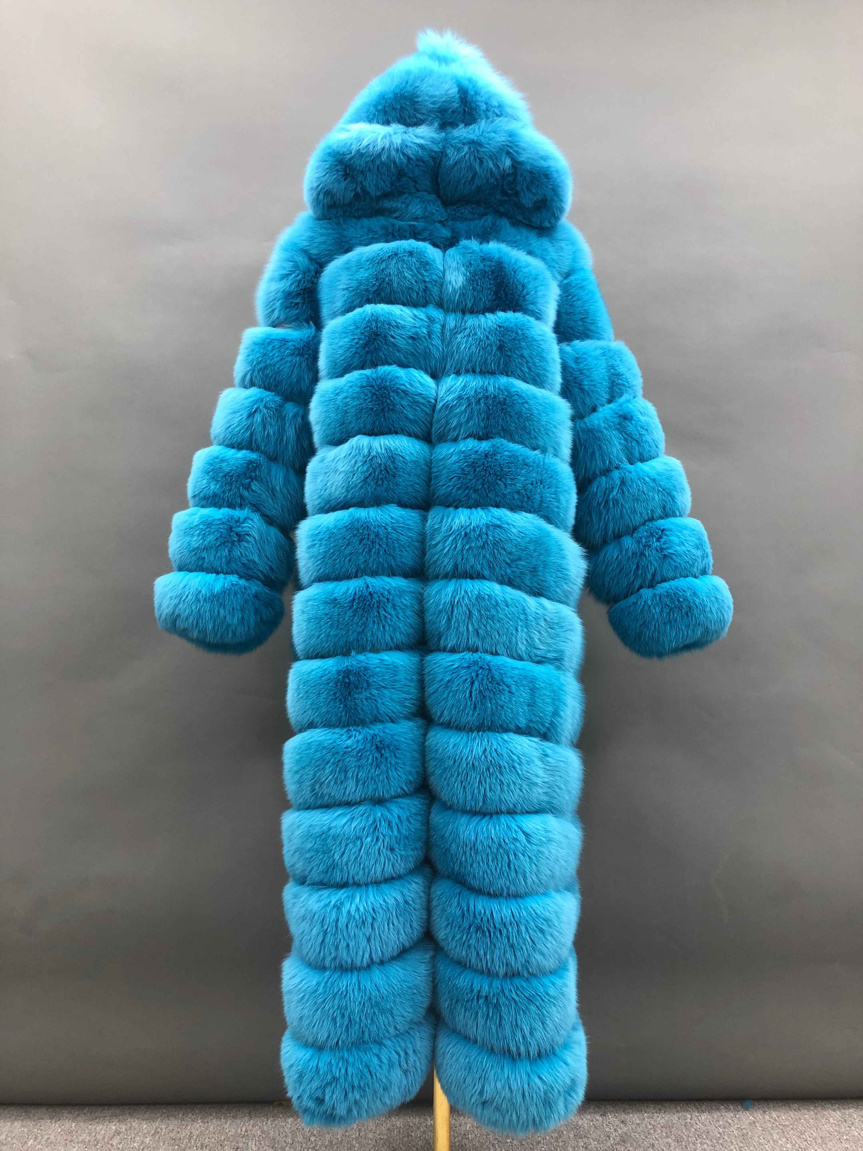 Women's Bold Color Fox Fur Hooded Maxi Coat - Multi-Layered Winter Luxury Jacket Light Blue