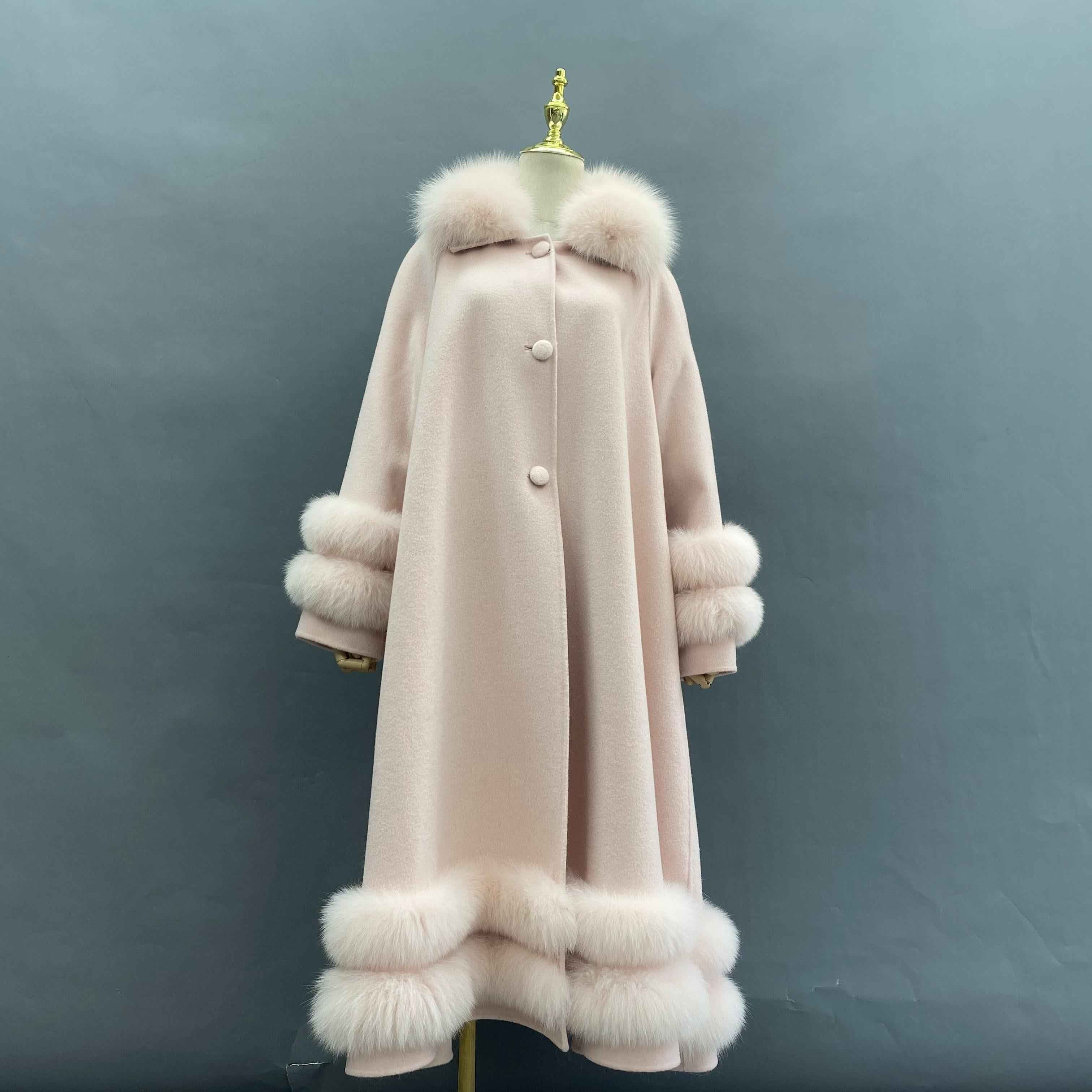 Double - Faced Wool Coat with Double - Layer Fox Fur Trim on Cuffs, Hem & Collar - Luxury Warm Fashion Winter Outerwear Beige