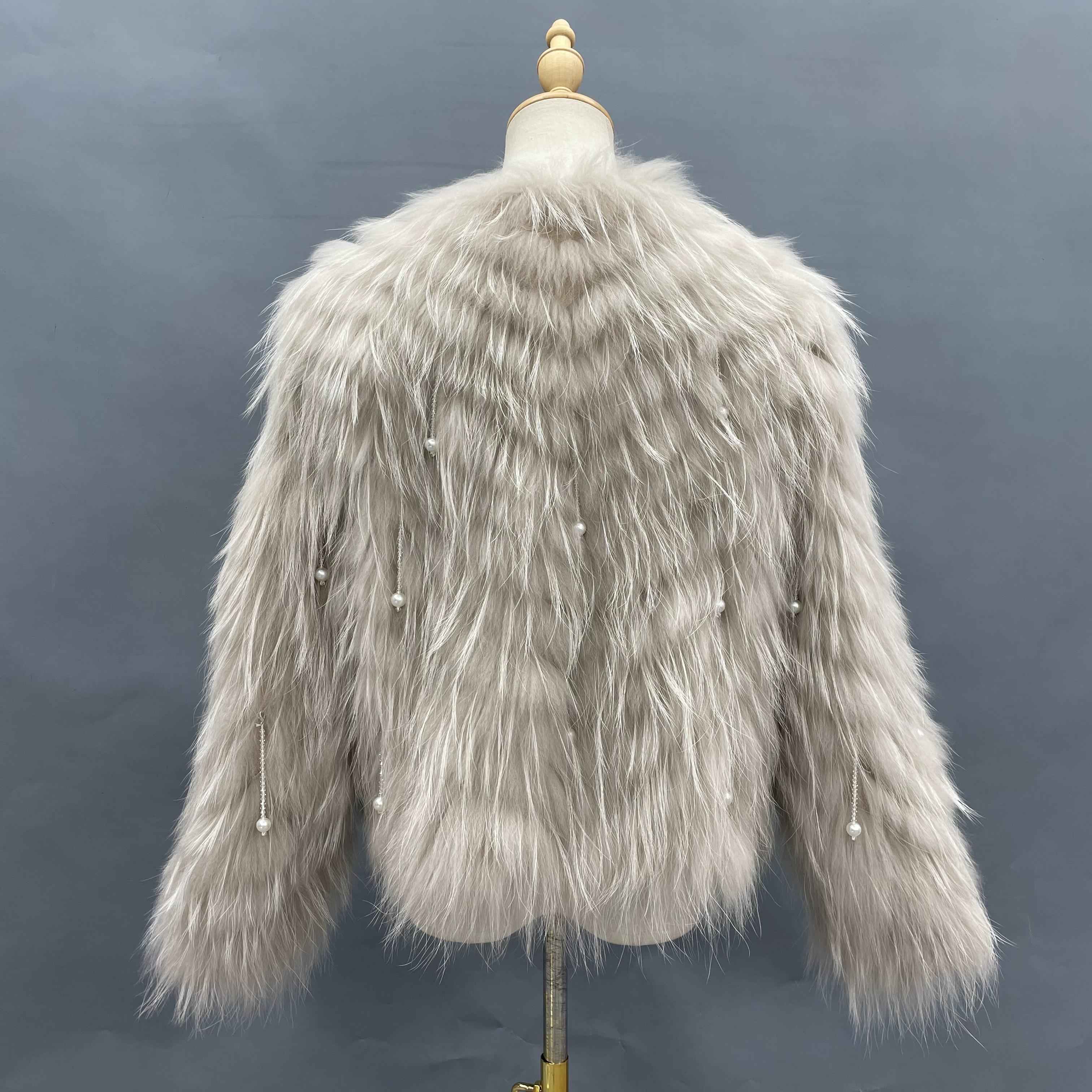 Women's Glam Turquoise Raccoon Fur Jacket - Pearl Tassel Striped Cropped Party Outerwear