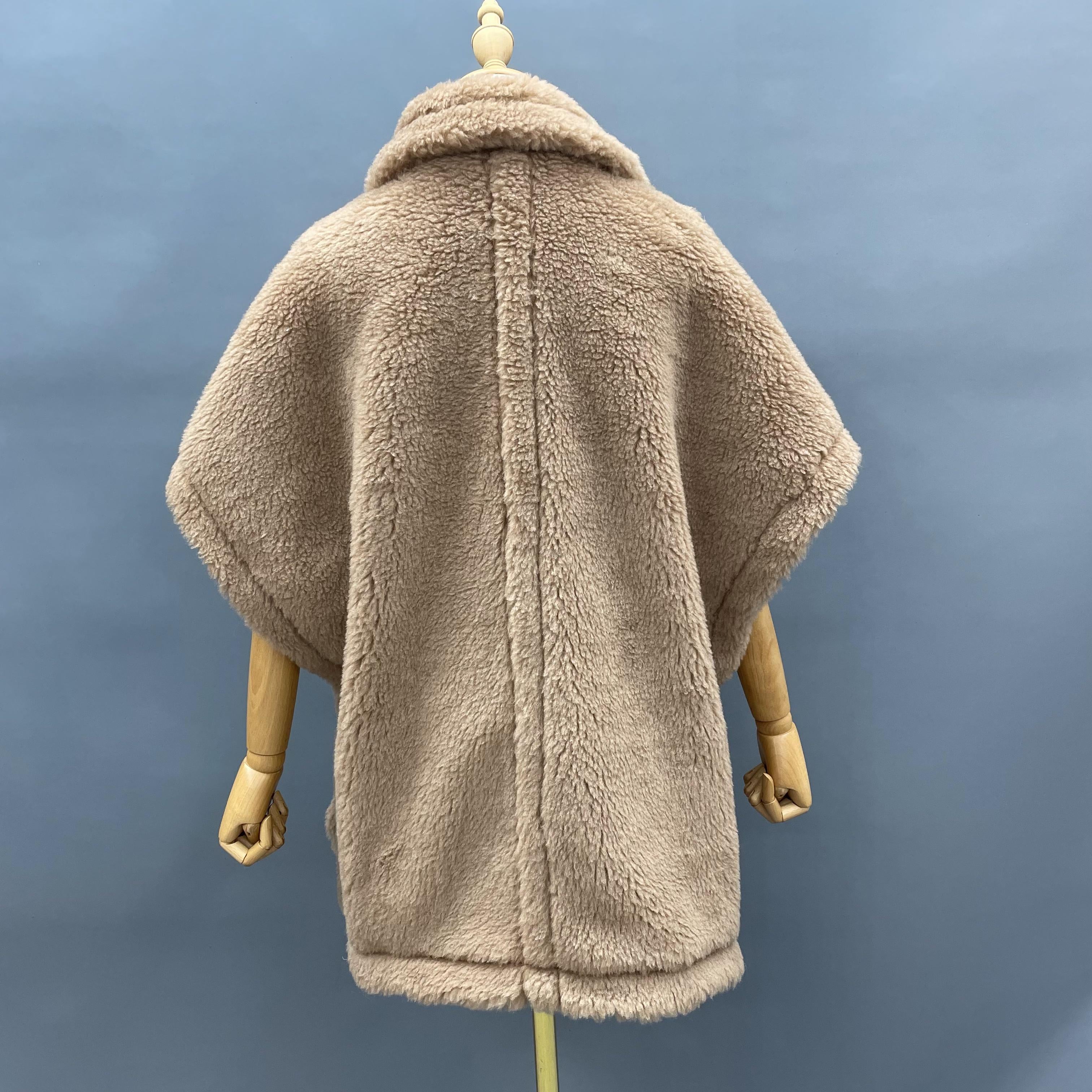 Women's Tan Teddy Fleece Poncho Coat with Notched Lapel & Pocket - Chic Winter Outerwear