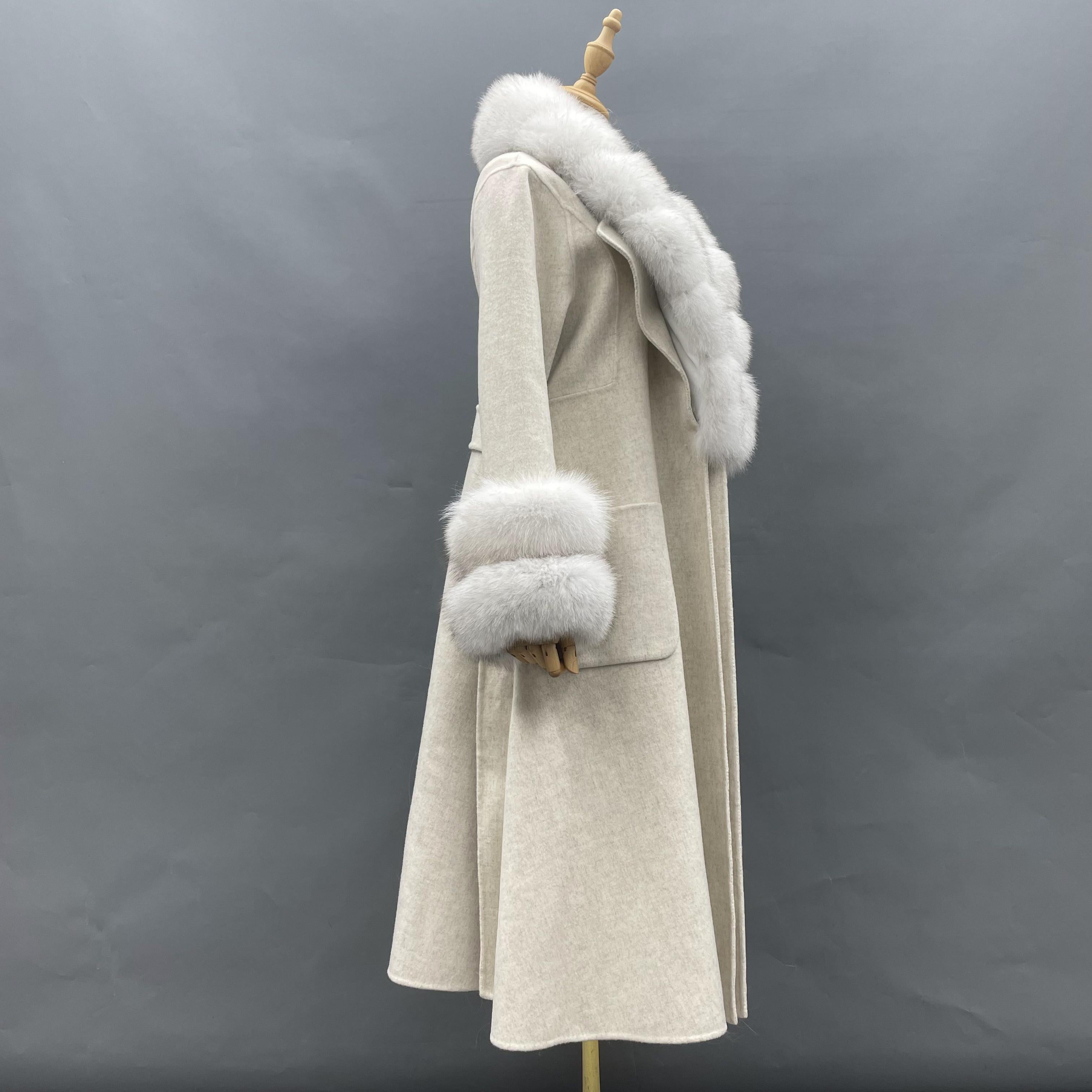 Women's Luxury Double - Faced Wool Coat with Segmented Fox Fur Collar, Two - Section Cuffs, Flared Skirt & Belt