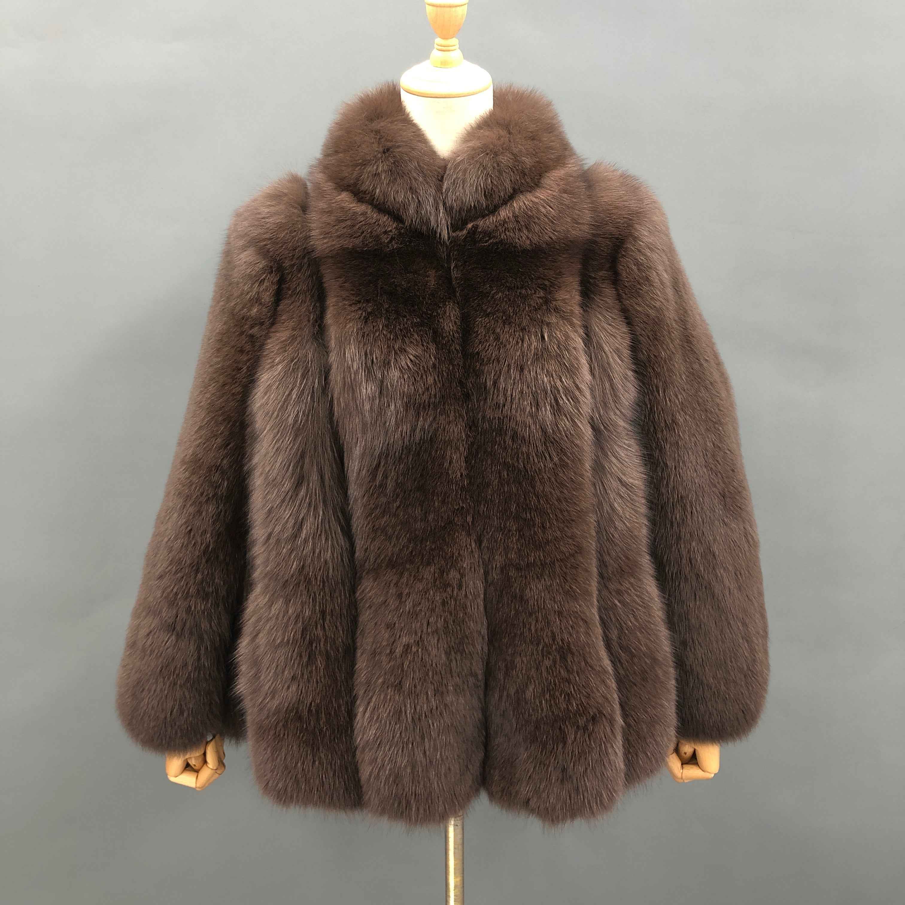 Women's Luxury Light Lavender Fox Fur Coat with Vertical Stripes & Stand Collar Brown Contact us to customize