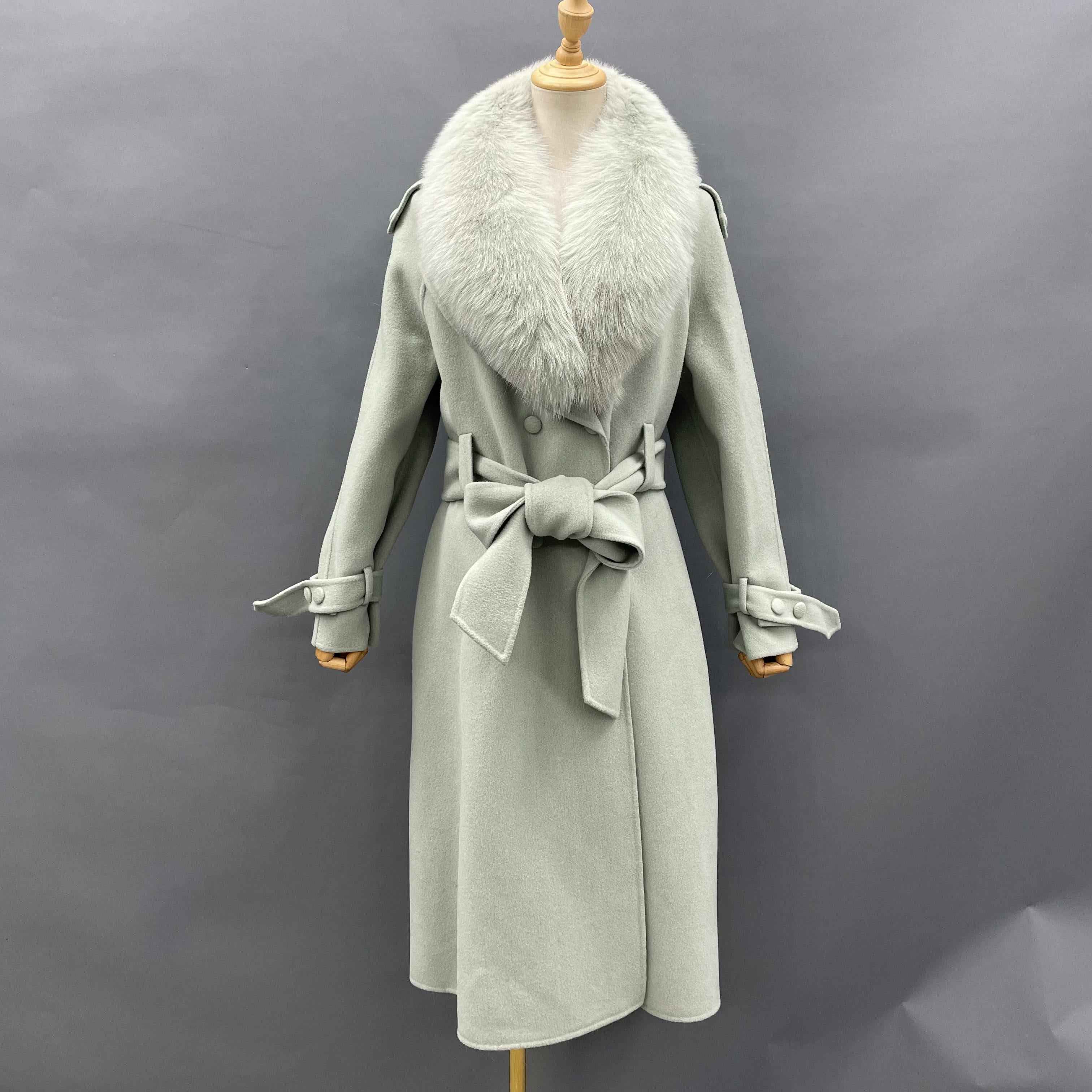 Luxury Double-Faced Wool Coat with Oversized Fox Fur Collar and Belted Cuff Design Light Green