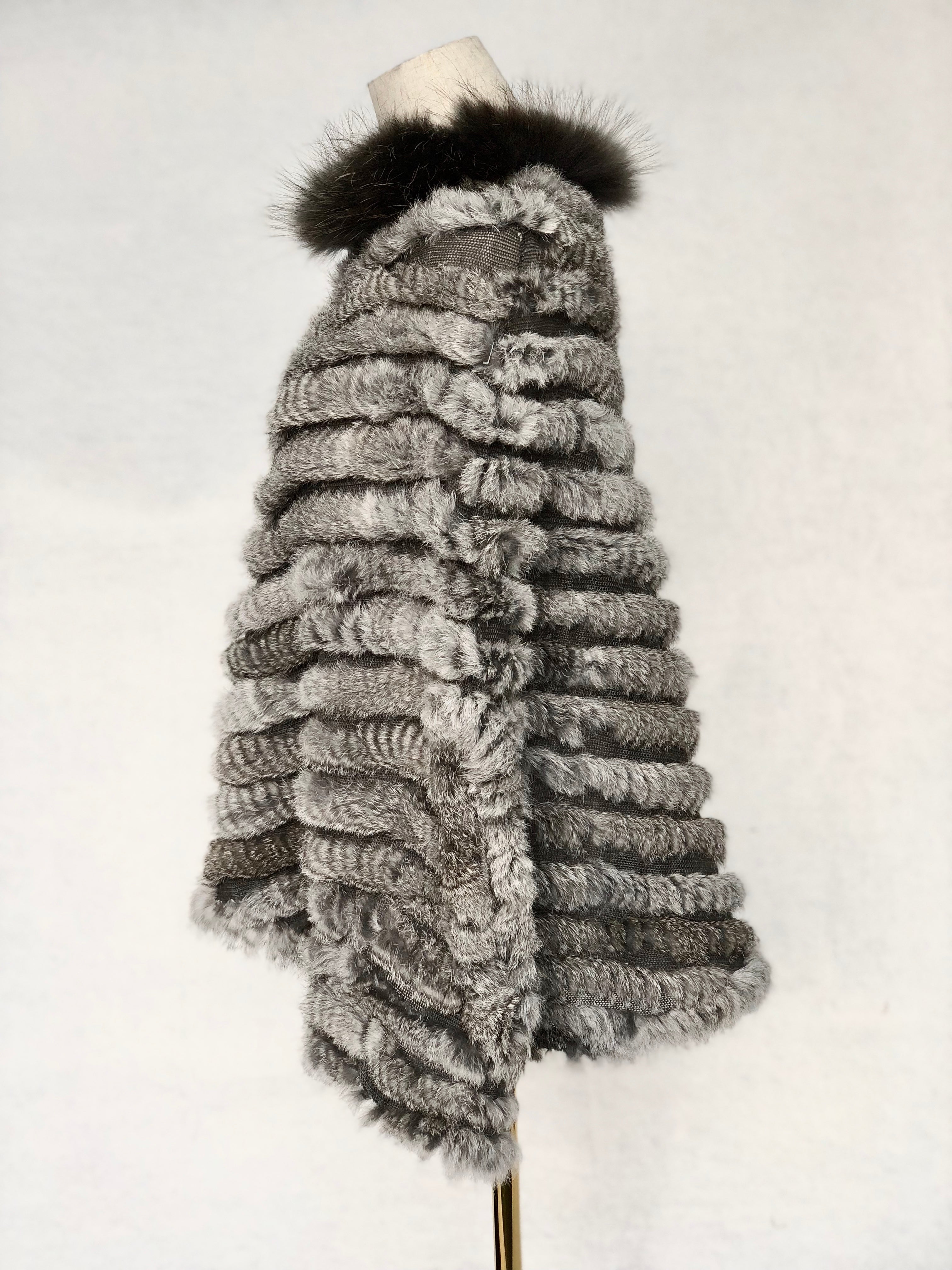 Women's Knitted Rabbit Fur Cape with Fox Fur Collar - Luxurious Winter Accessory