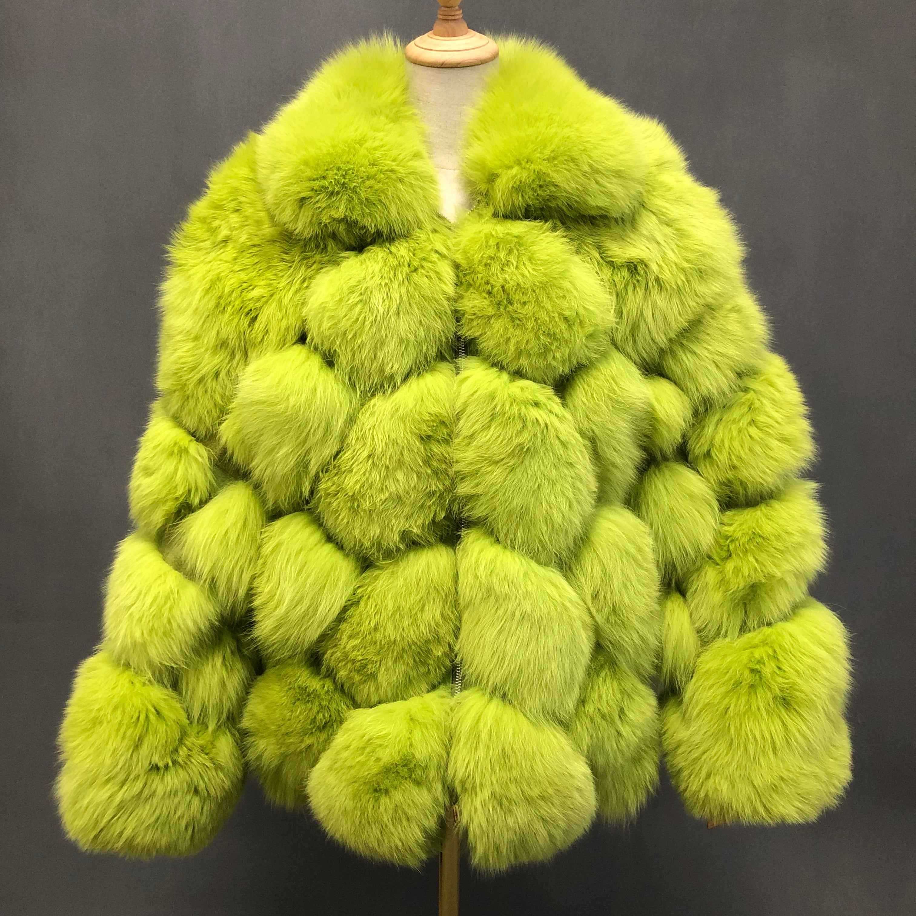 Women's Luxury Fox Fur Coat with Diamond Pattern - Winter Warm Fashion Fur Jacket Light Green