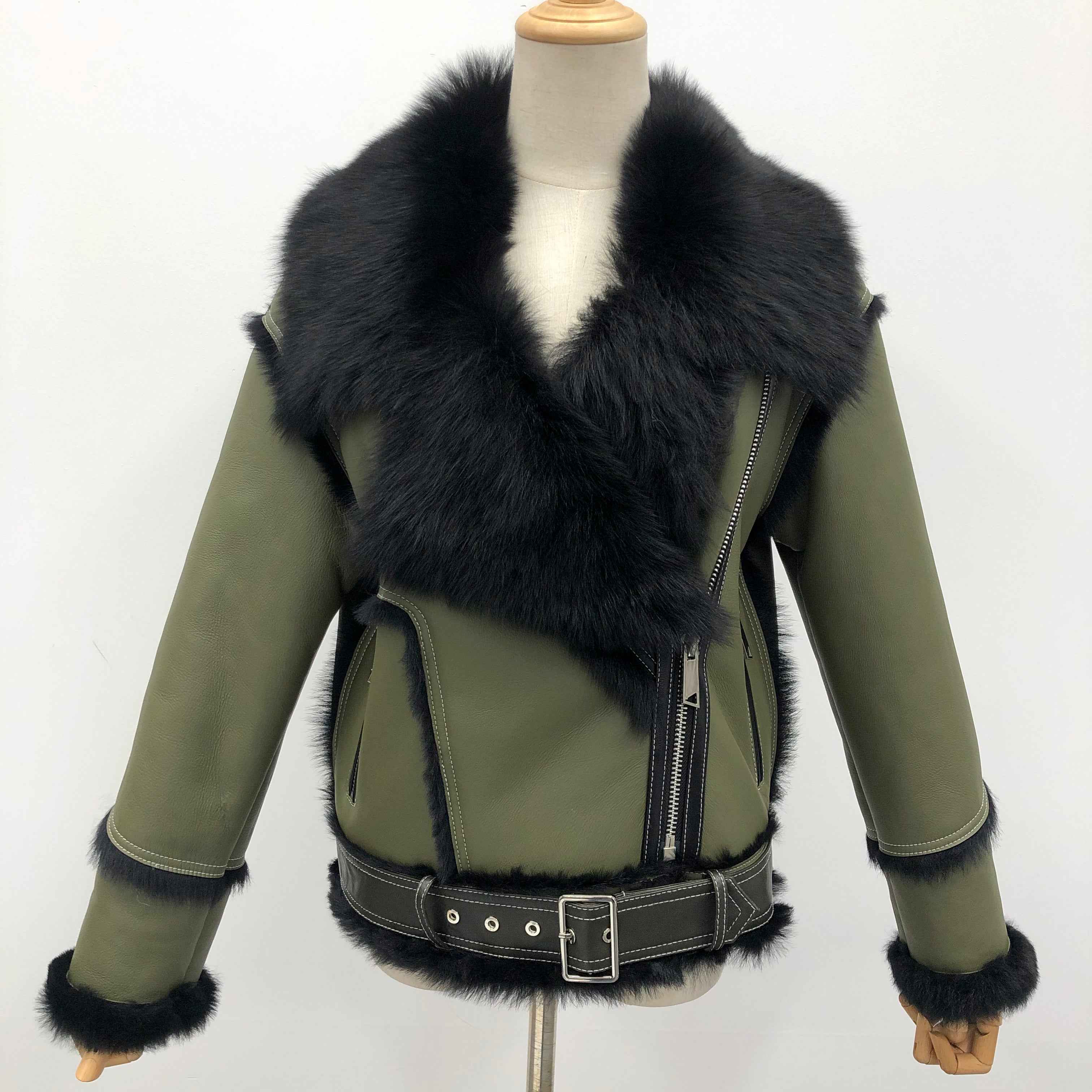 Women's Toscana Shearling Biker Jacket with Notched Lapel, Contrast Fur Trim & Belted Waist - Luxe Color-Block Outerwear