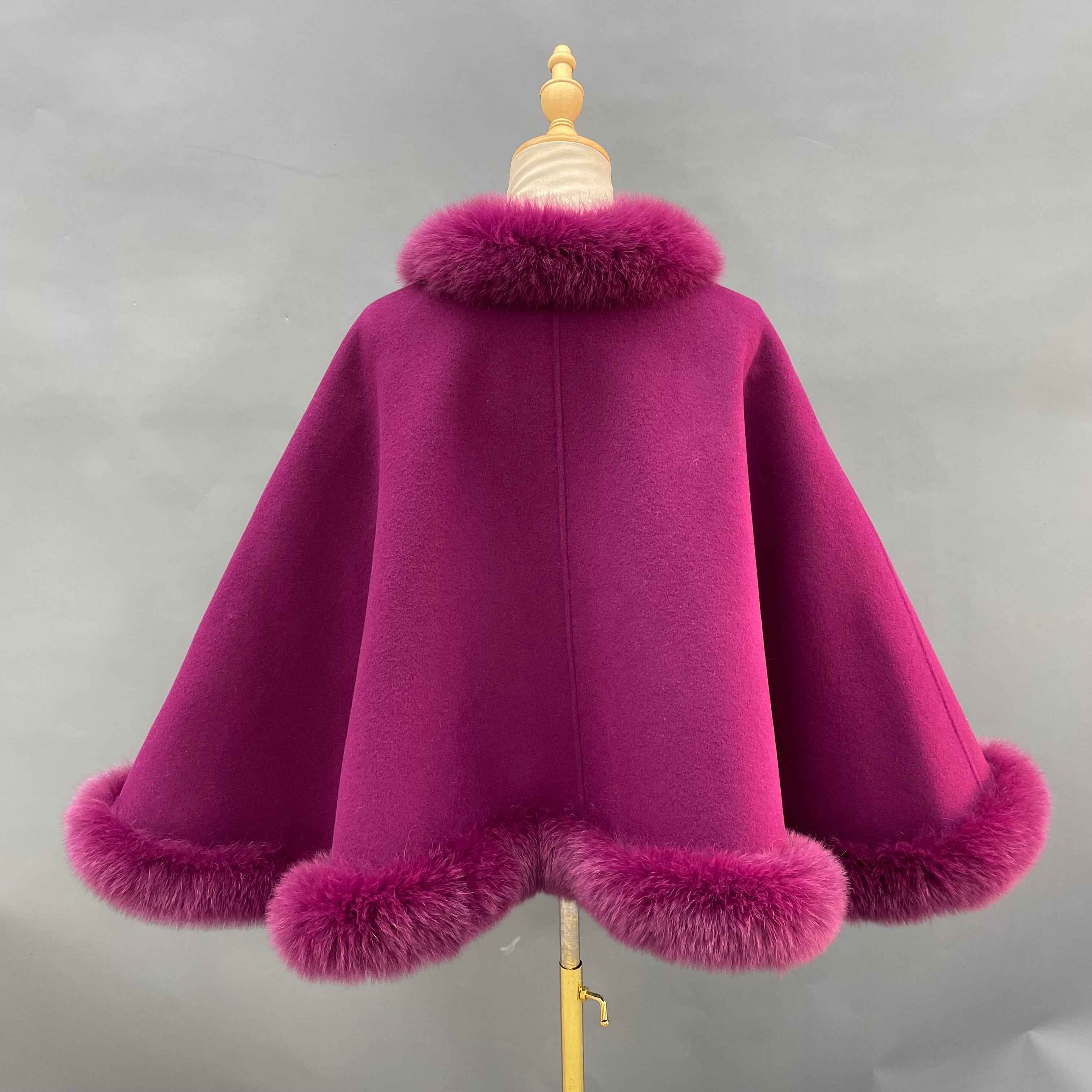 Women's French Designer Style Double-Faced Wool Cape with Fox Fur Trim at Hem - Elegant Luxury Winter Outerwear