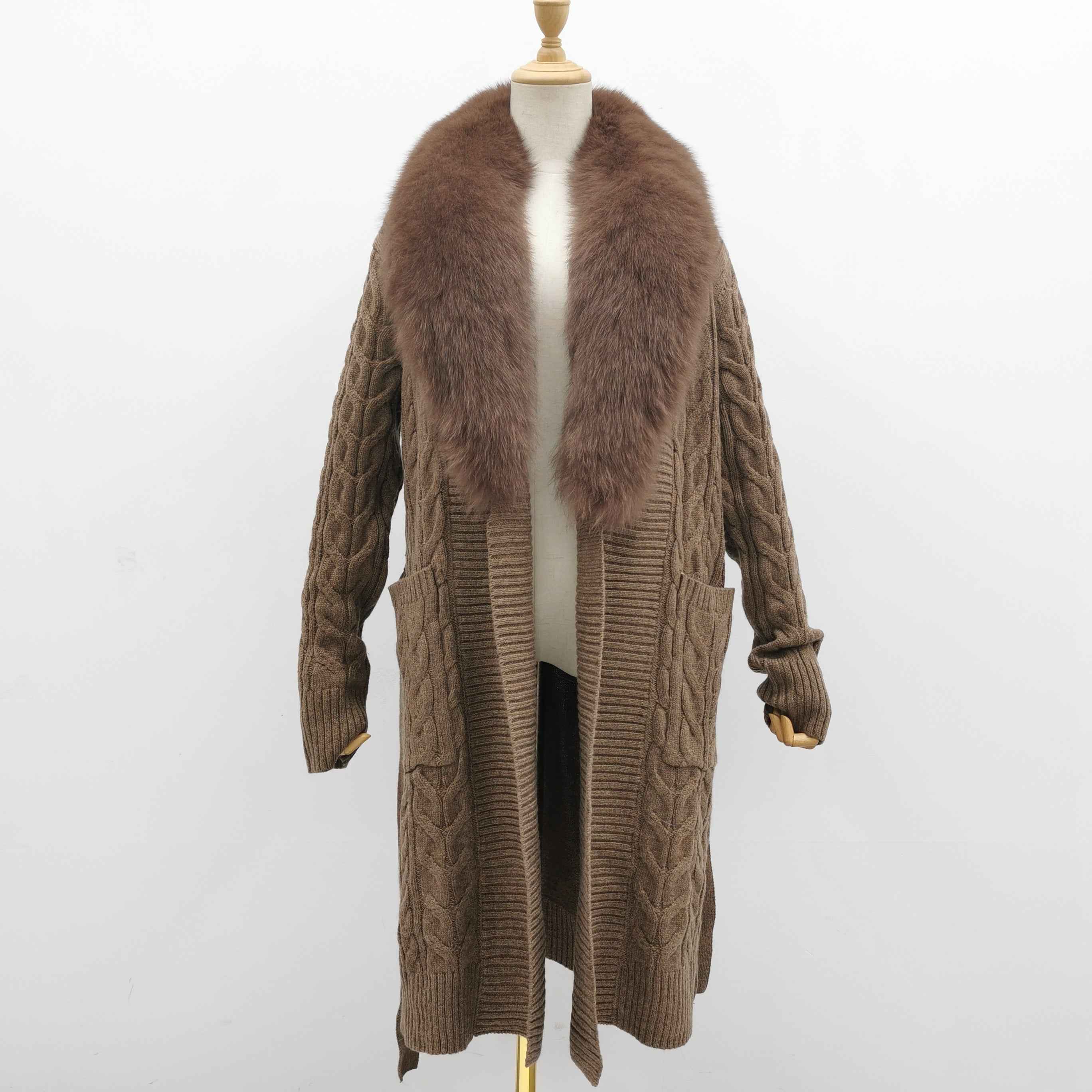 Women's Shawl Collar Knitted Coat with Fox Fur Collar & Self-Tie Belt - Luxe Winter Outerwear Brown F