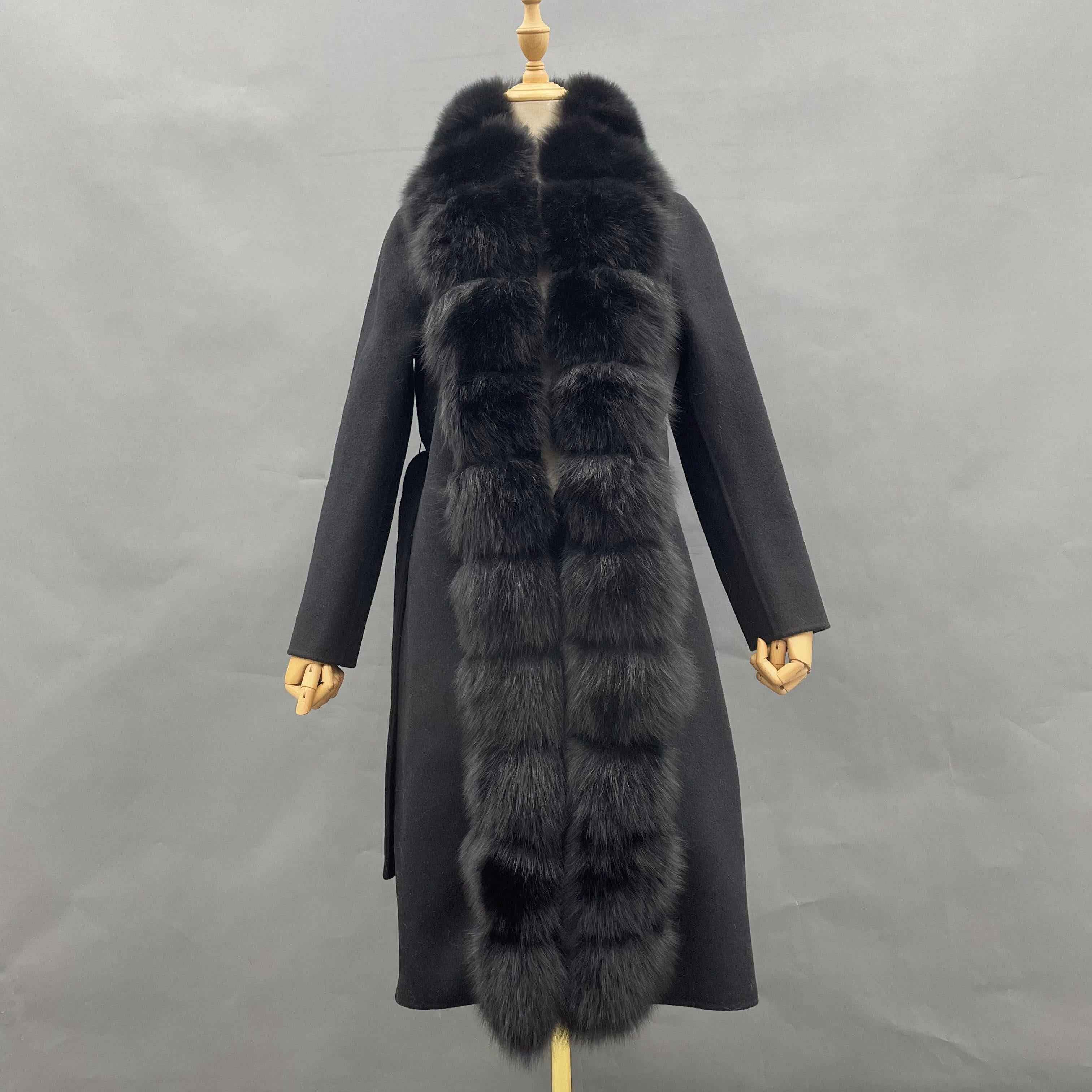 Luxury Wool Coat with Tiered Fox Fur Trim Front Closure – Elegant Long Double-Faced Overcoat Black