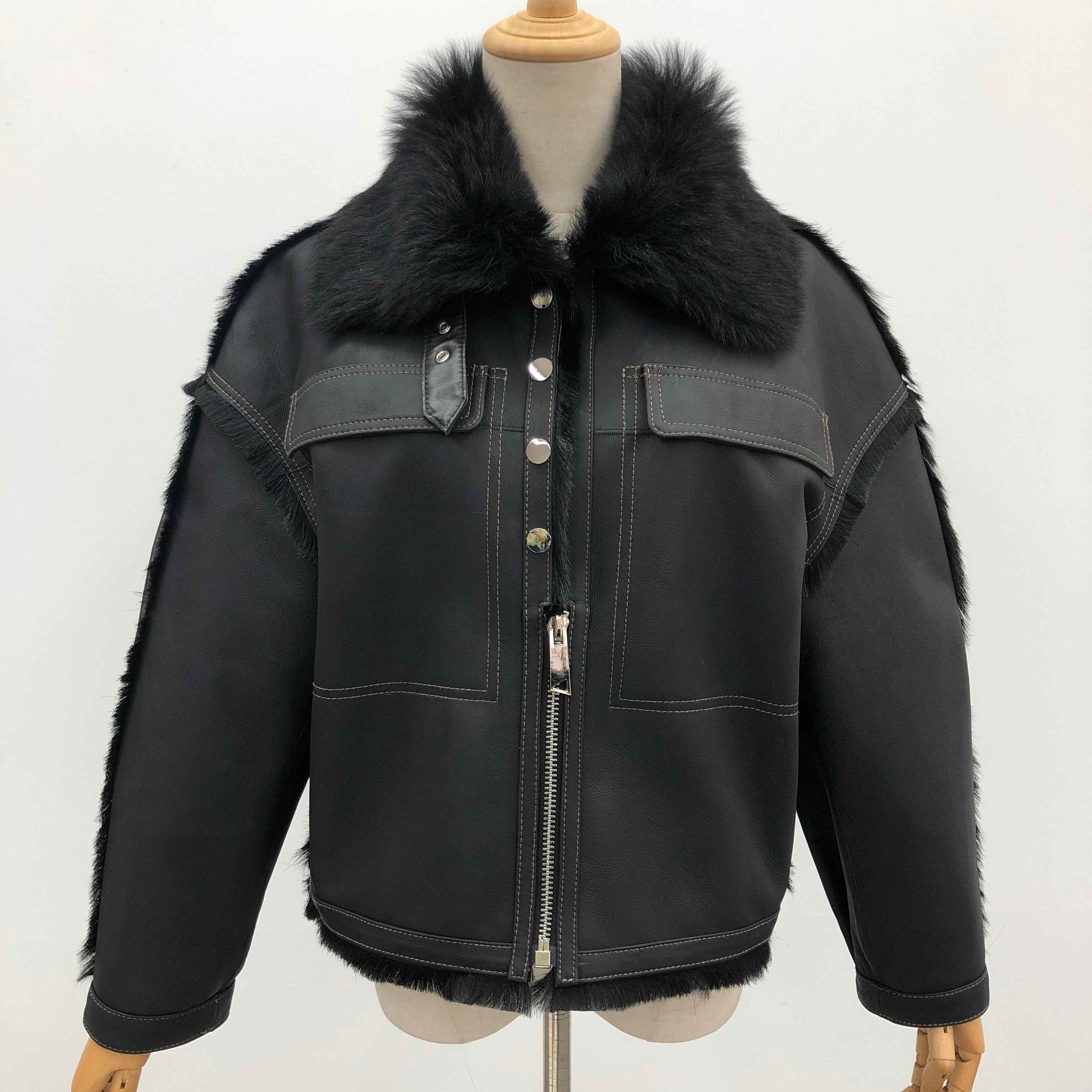 Women's Toscana Shearling Jacket with Zipper & Snap Button Placket, Contrast Fur Trim - Luxe Winter Outerwear