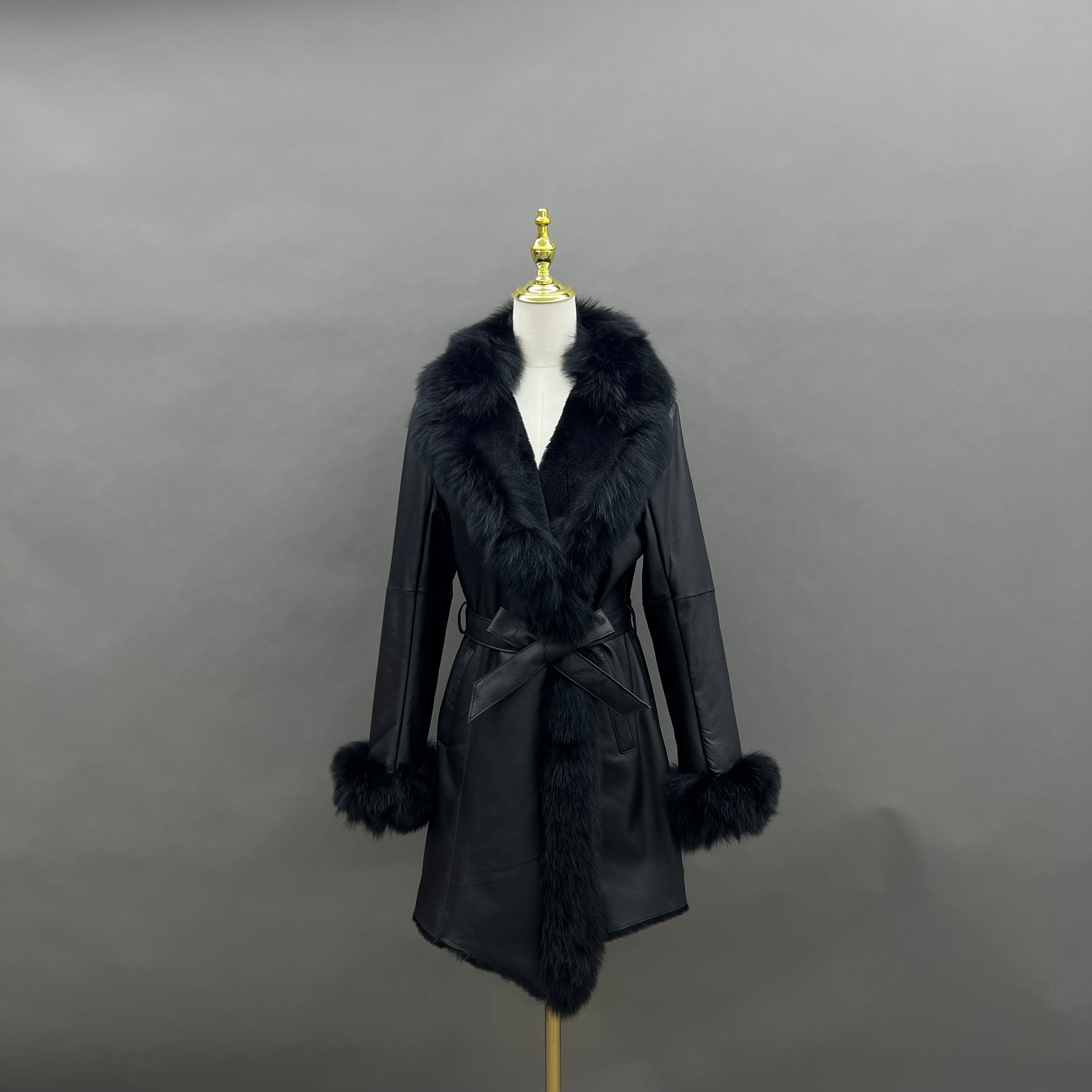 Women's Mid-Length Shearling Coat with Fox Fur Notched Lapel, Belted Waist & Cuff Trim - Luxe Winter Outerwear