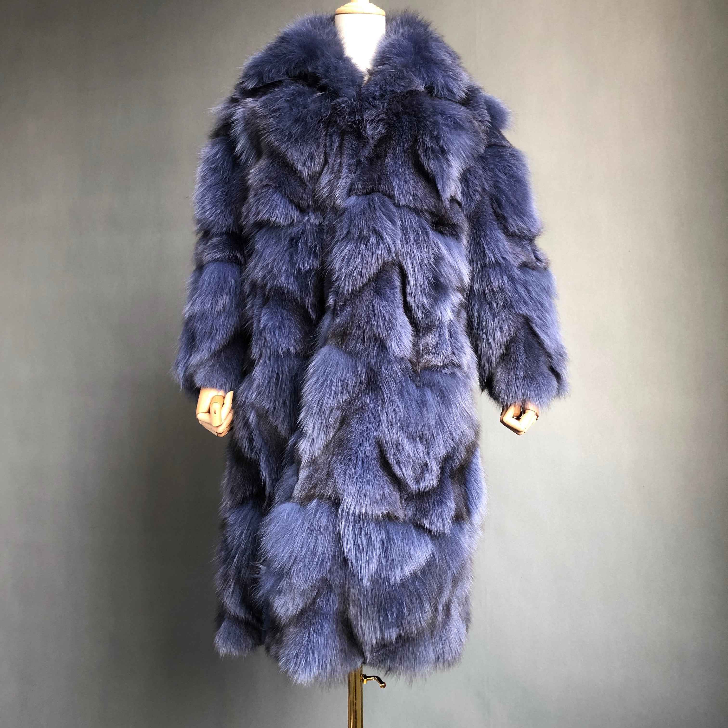 Oversized Fox Fur Long Coat with Fluffy Layers - Women's Winter Maxi Coat Navy