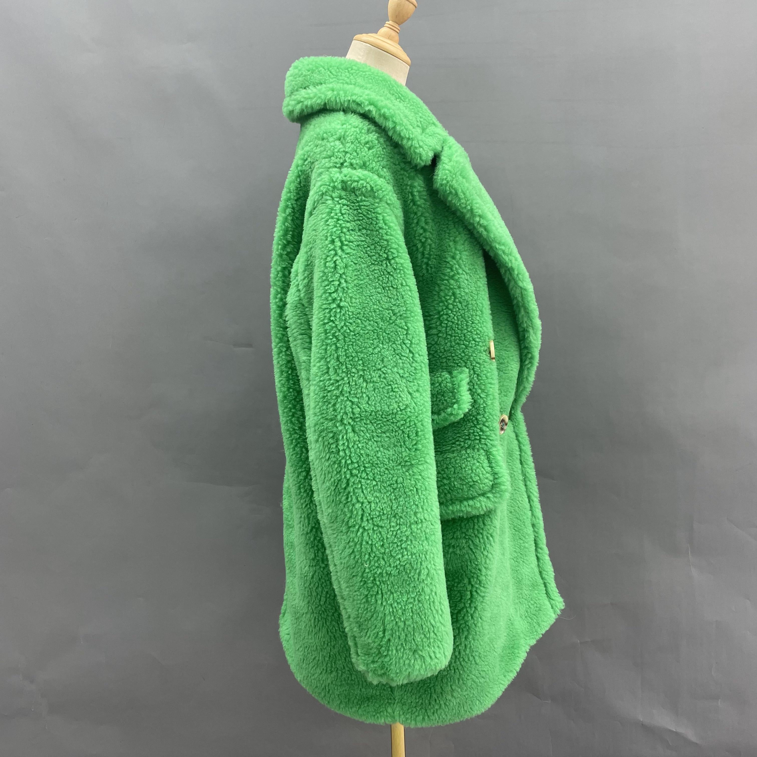 Women's Lime Green Sheepskin Shearling Coat with Asymmetric Pocket Flaps, Double-Breasted Notched Lapel - Luxe Winter Outerwear