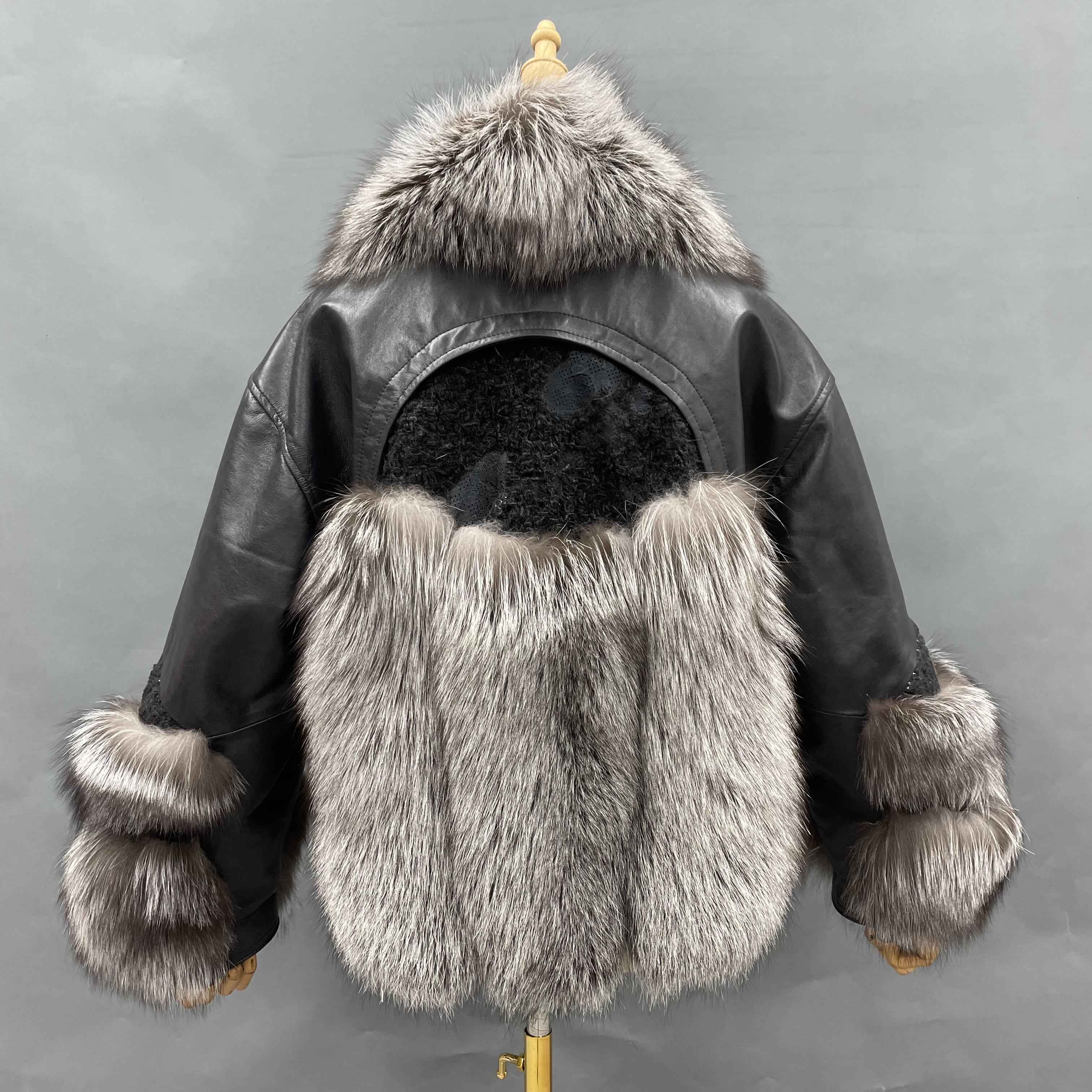 Women's Luxury Teal Fox Fur & Leather Patchwork Jacket - Plaid Detail Button Closure Cropped Winter Fashion Outerwear