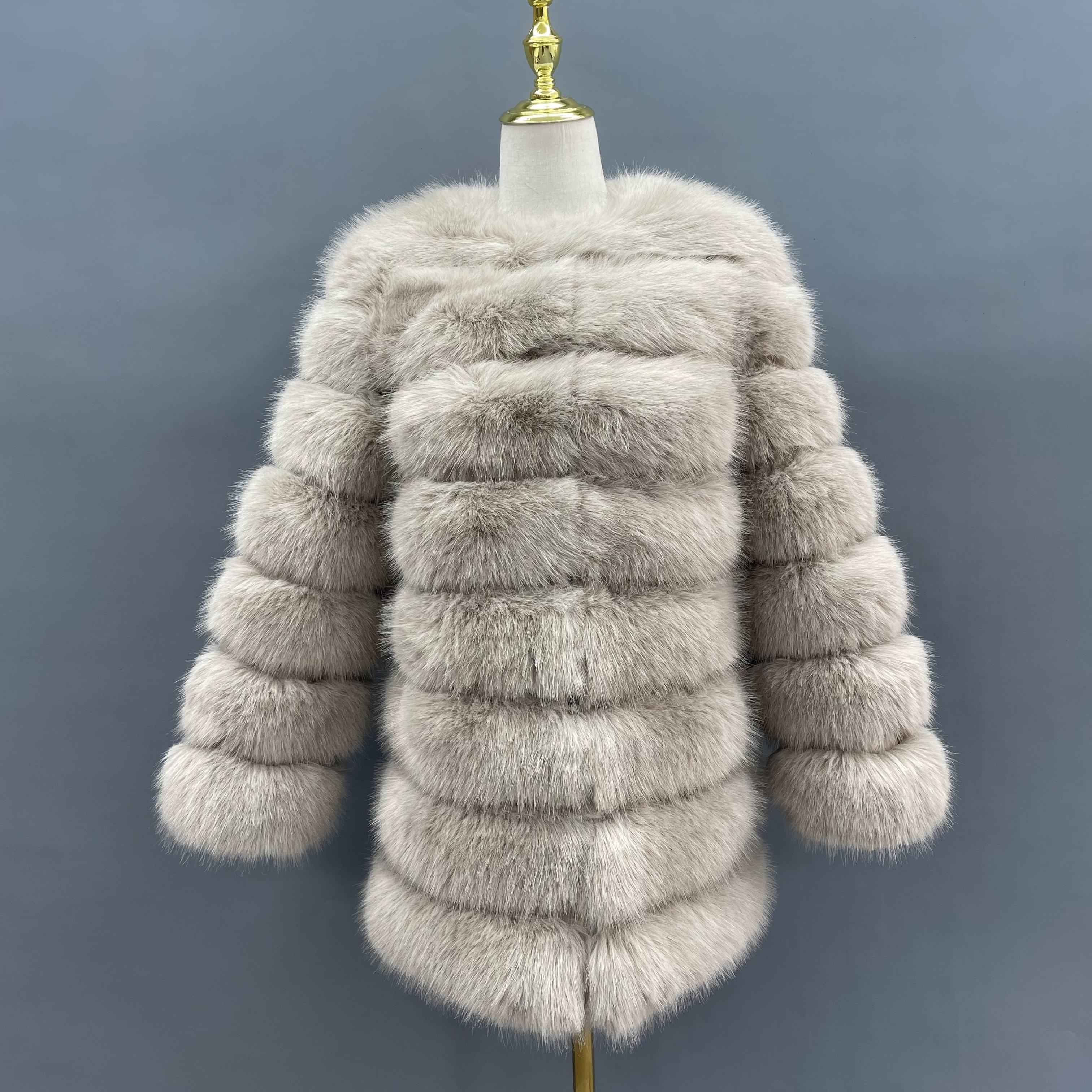 Women's 8-Panel Crew Neck Long Sleeve Faux Fur Coat - Luxury Trendy Winter Essential Outerwear White