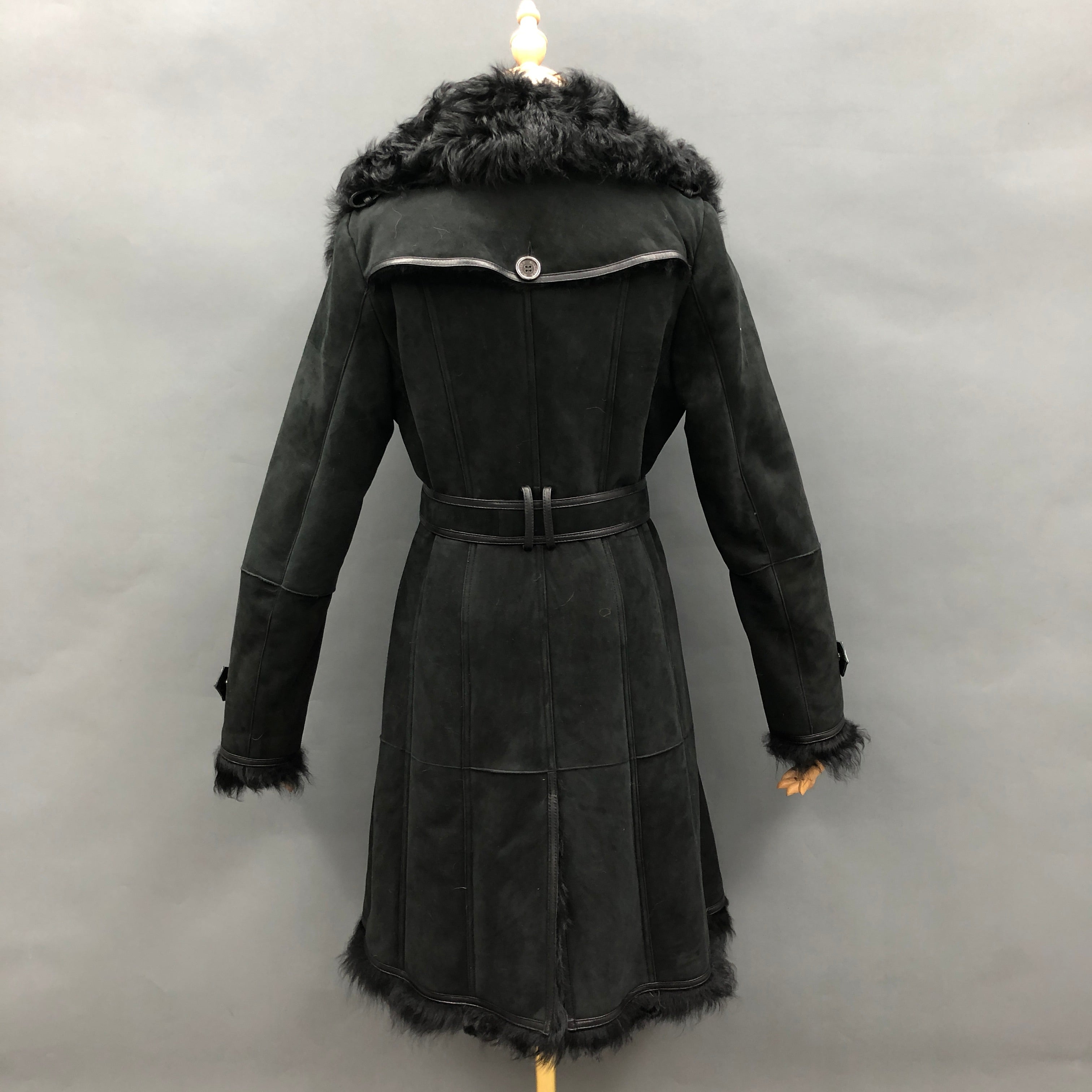 Women's Longline Double-Breasted Shearling Coat with Belted Waist, Fur Collar & Trim - Luxe Winter Outerwear