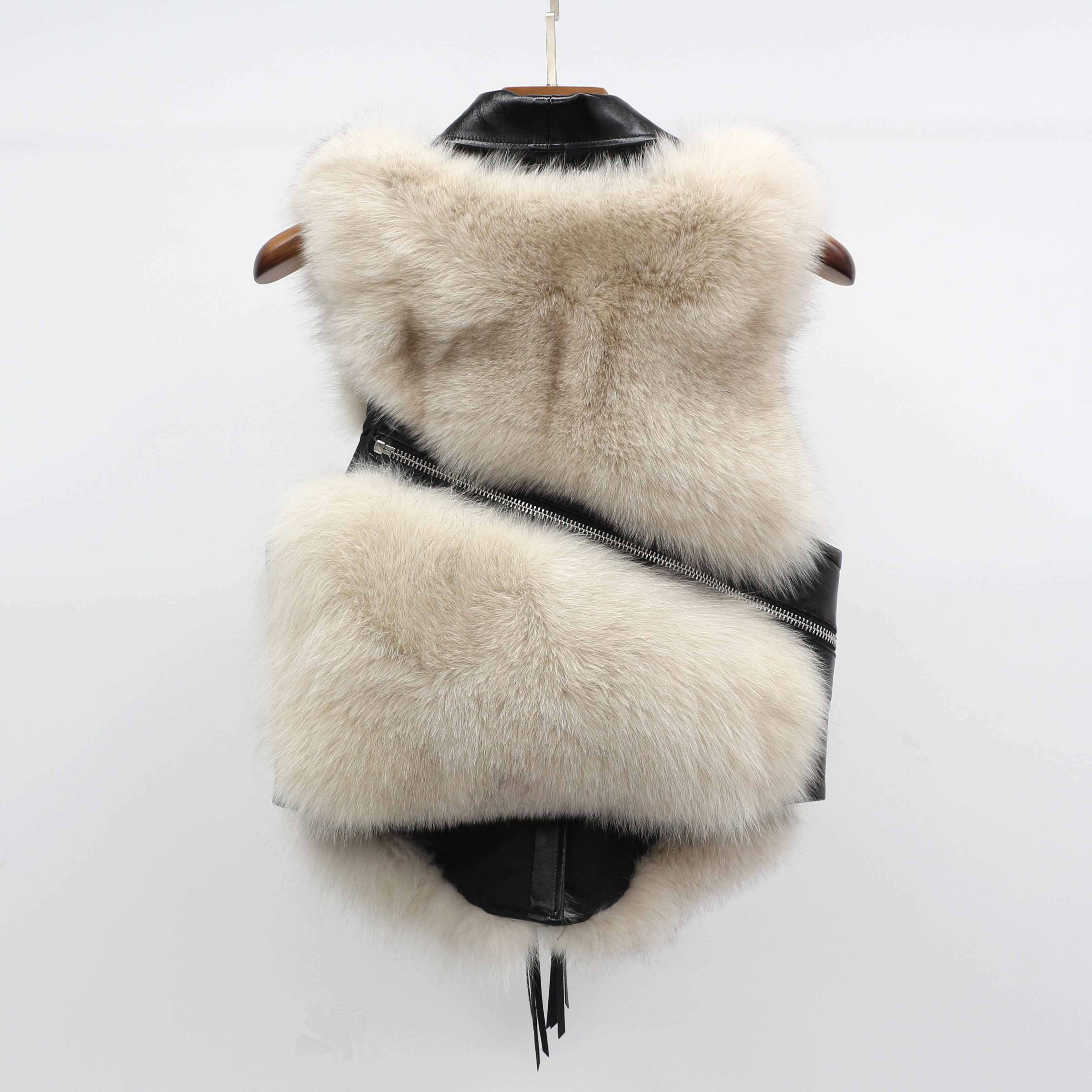 Women's Edgy Fox Fur Vest - Asymmetric Zipper Detail Fashion Outerwear