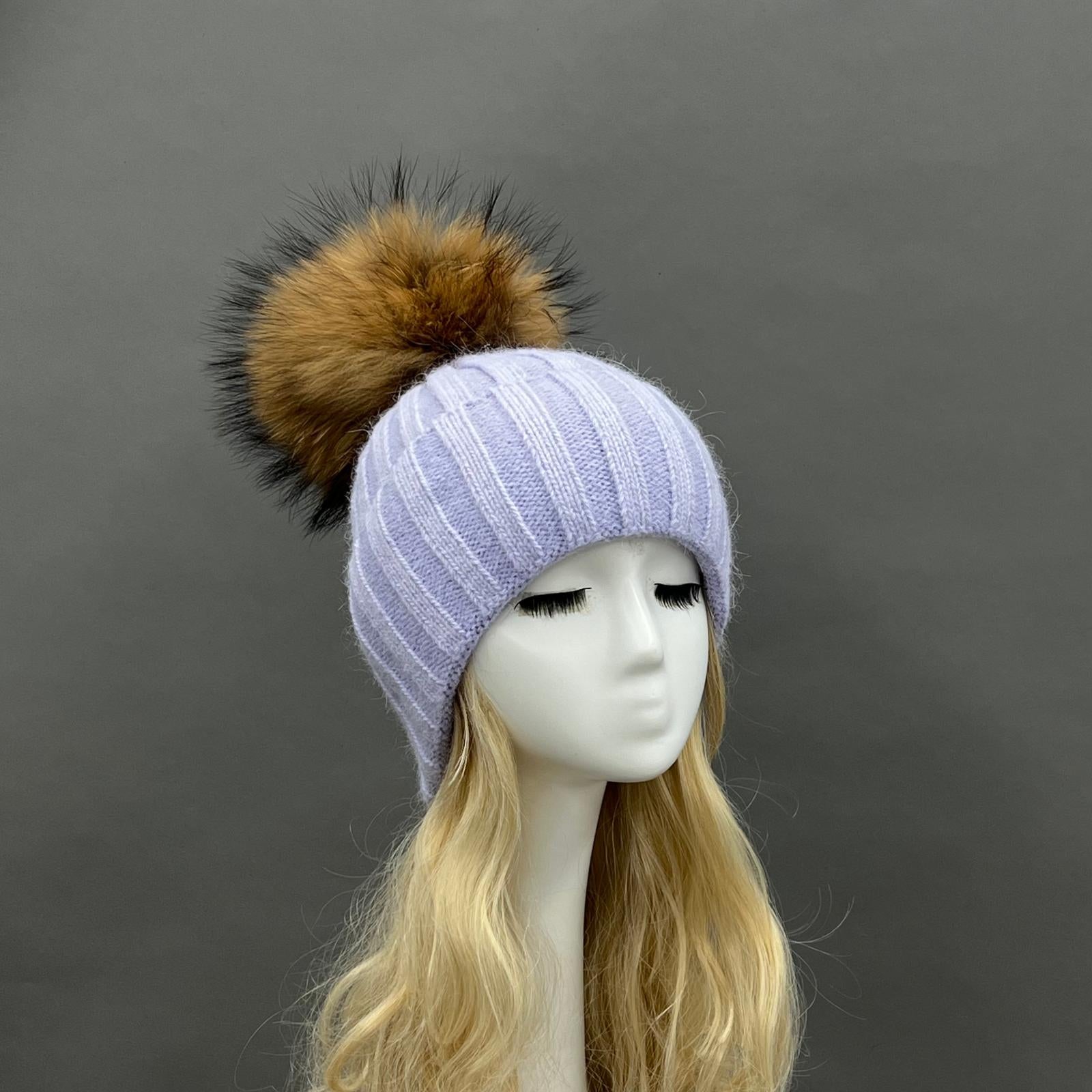 Thick Striped Angora Wool Pom Pom Winter Hat 9