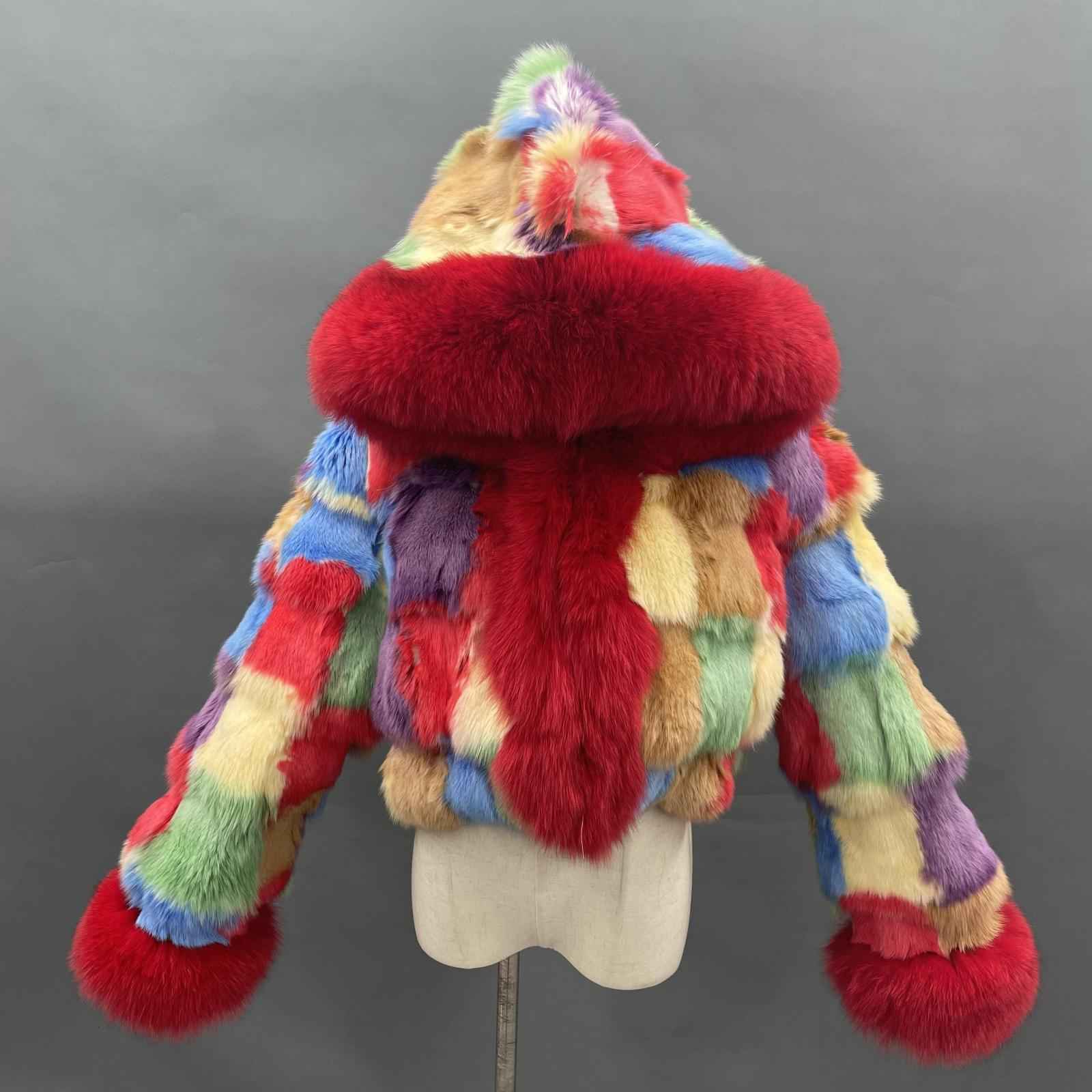 Fox Fur Coat for Women Luxurious Fox Fur Placket Hooded Zippered Jacket