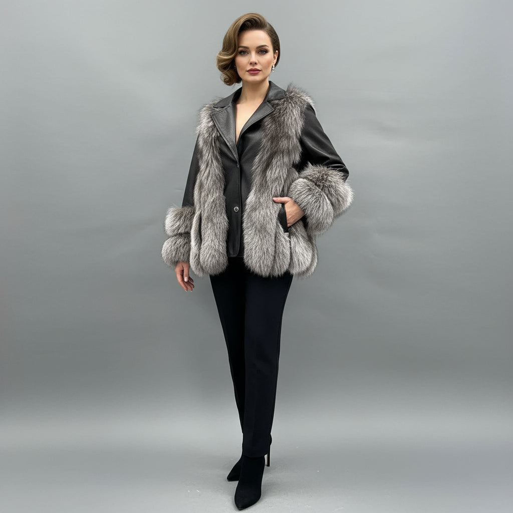 Women's Luxury Fox Fur & Leather Patchwork Jacket - Notched Lapel with Fur-Cuffed Sleeves & Shoulder Strap Detail Winter Fashion Outerwear Black