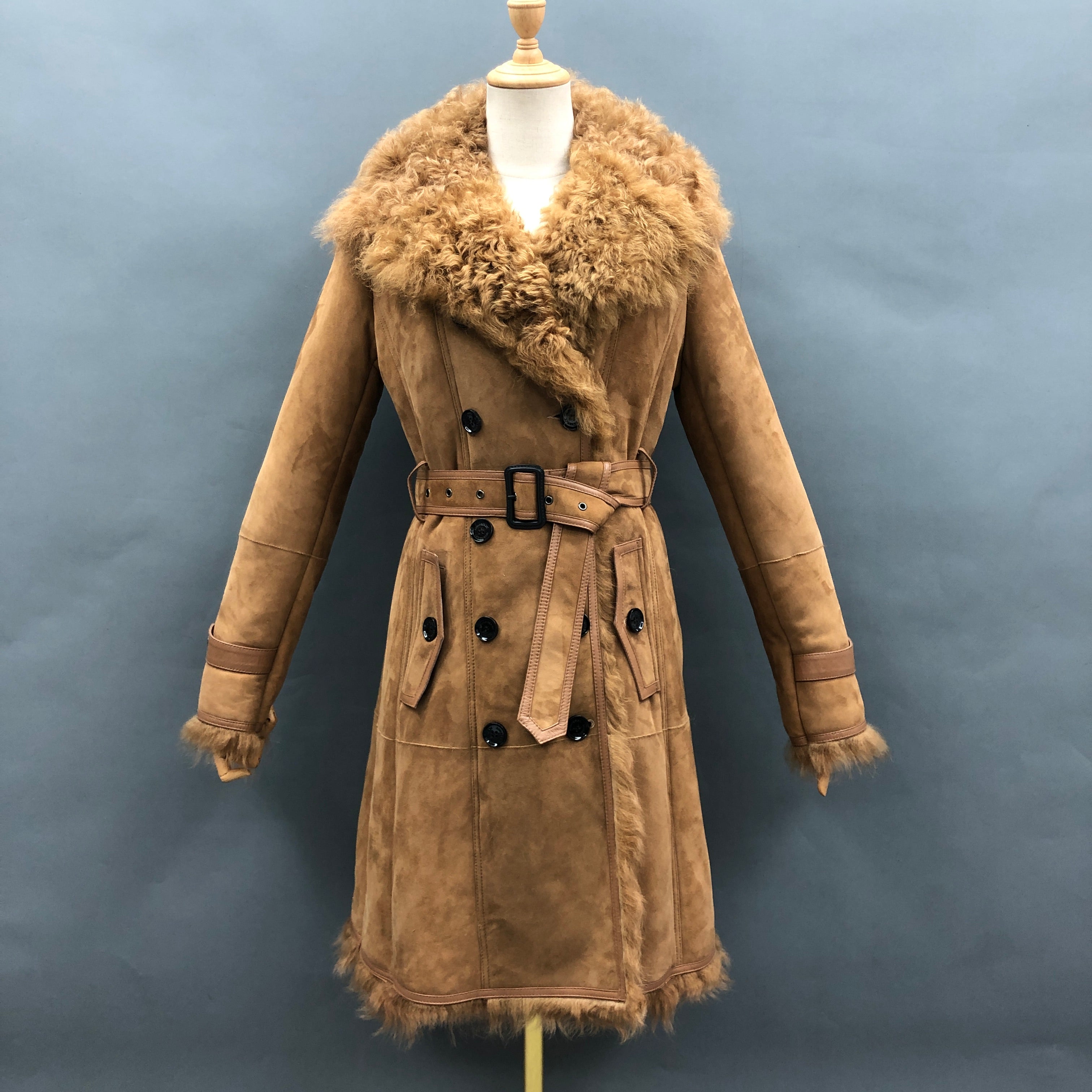 Women's Longline Double-Breasted Shearling Coat with Belted Waist, Fur Collar & Trim - Luxe Winter Outerwear Camel