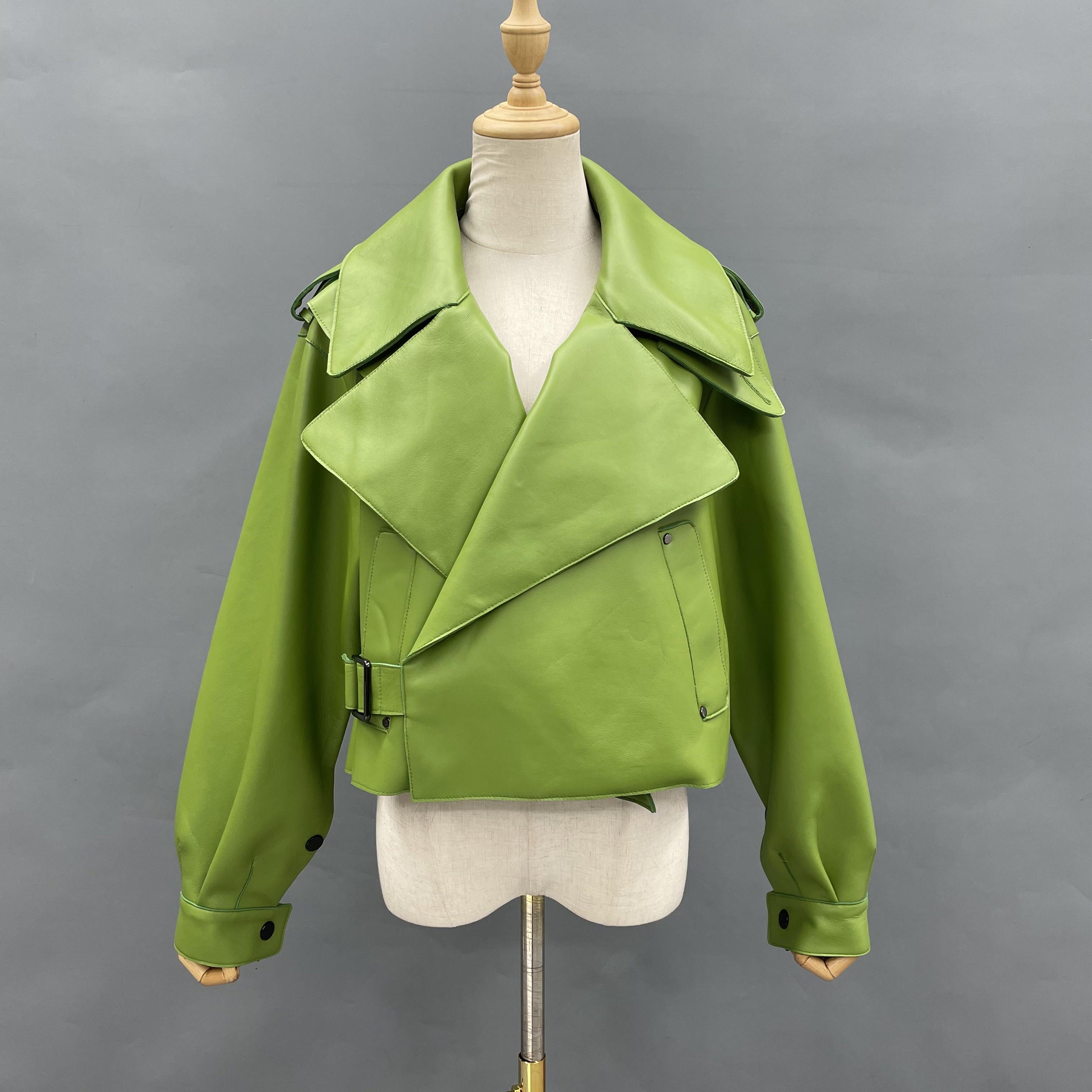 Women's Bright Green Faux Leather Biker Jacket with Wide Lapel, Slant Pockets & Belted Detail - Edgy Street Style Outerwear
