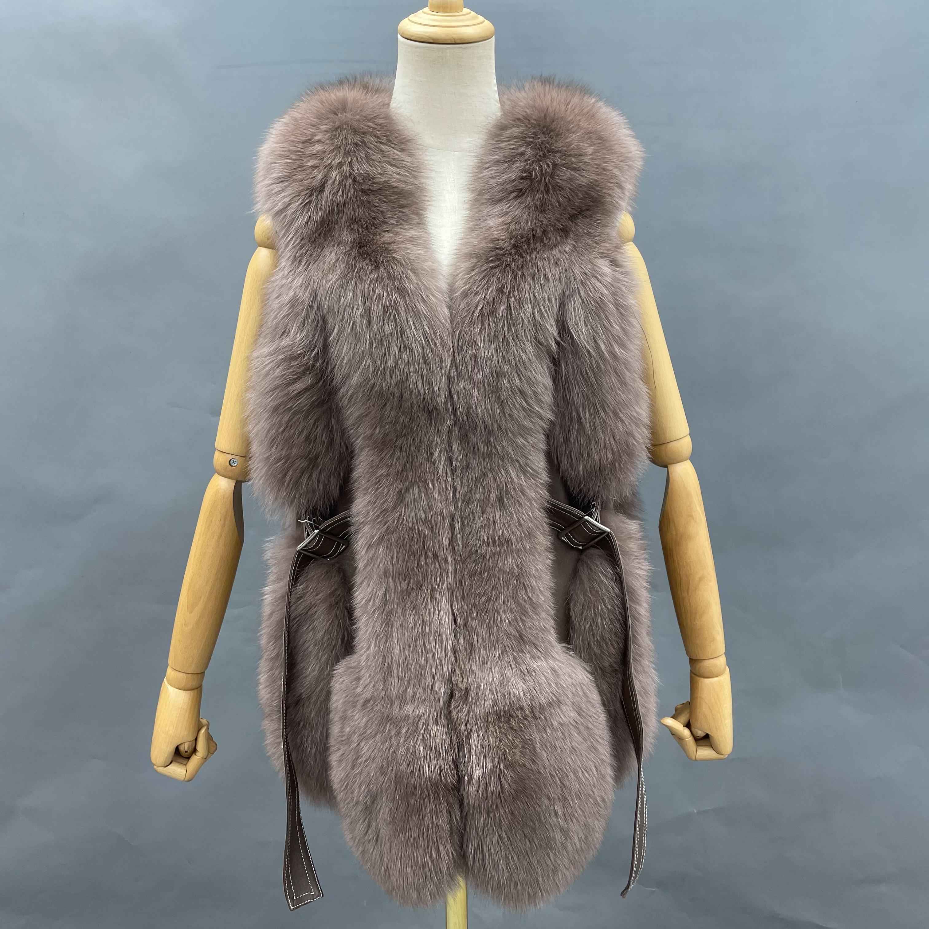 Women's Luxury Fox Fur Coat with Leather Buckle & Flowing Strap - Tufted Detail Designer Outerwear Brown