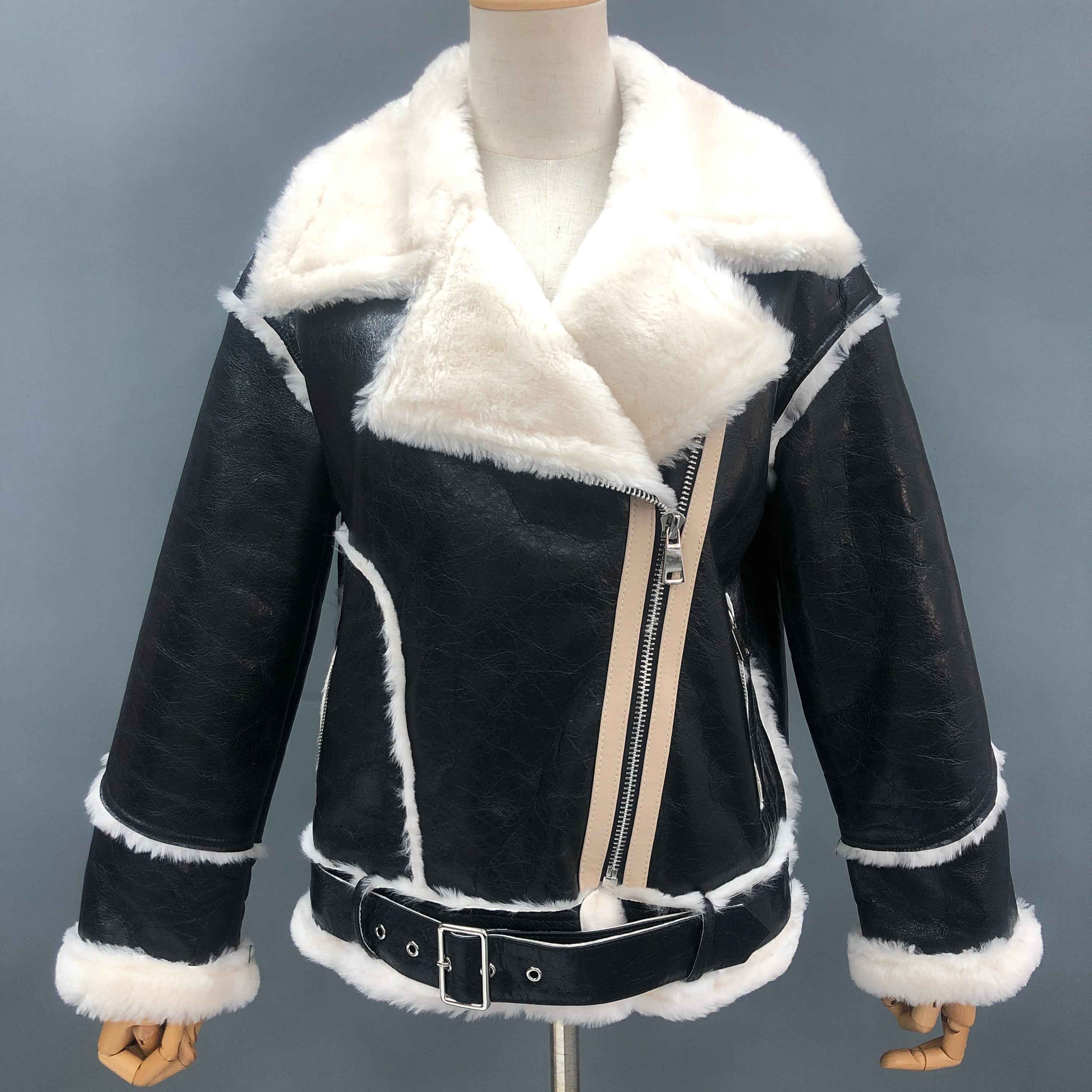 Women's Glossy Shearling Biker Jacket with Contrast Fur Trim & Edging - Luxe Winter Outerwear