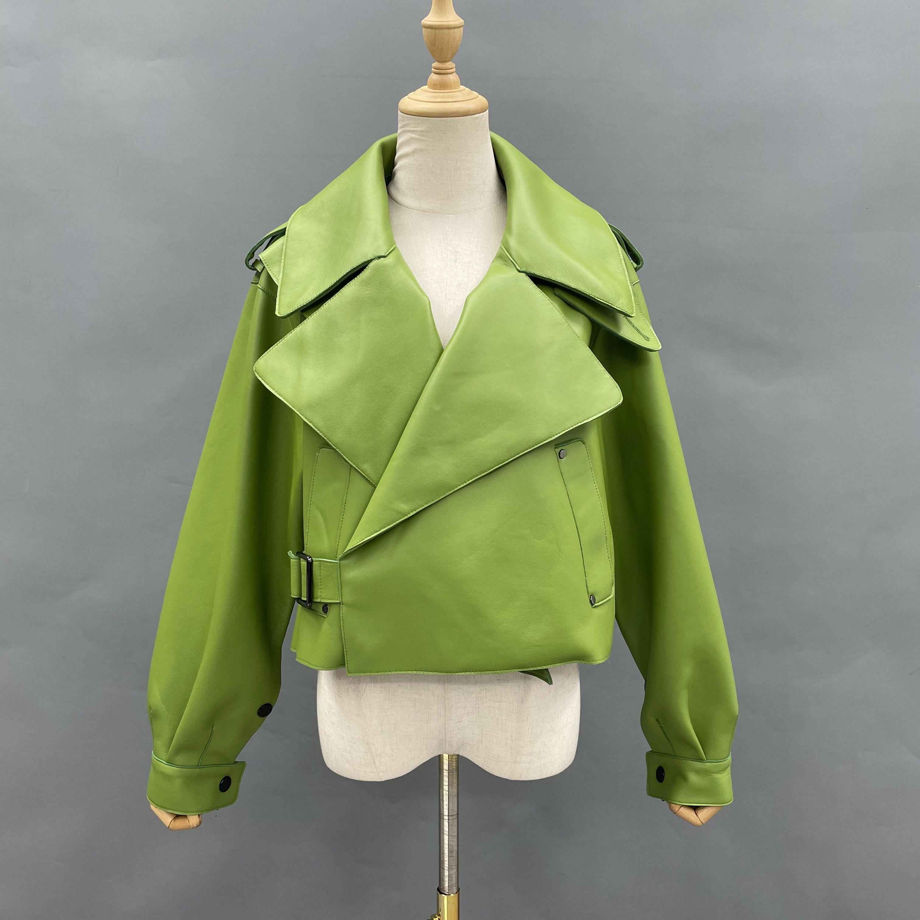 Women's Bright Green Faux Leather Biker Jacket with Wide Lapel, Slant Pockets & Belted Detail - Edgy Street Style Outerwear