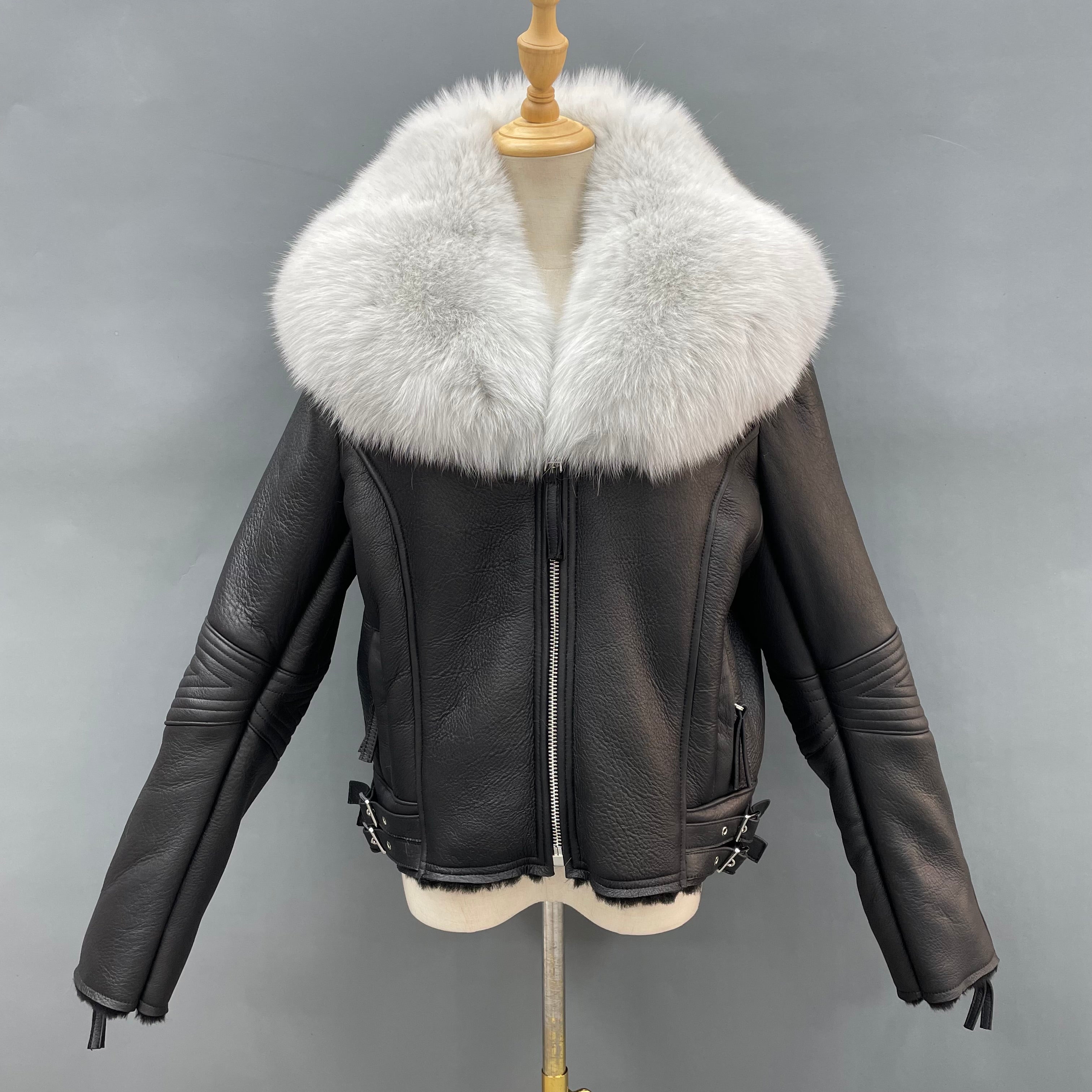 Women's Shearling Leather Jacket with Oversized Fox Fur Collar - Luxe Winter Outerwear White Black