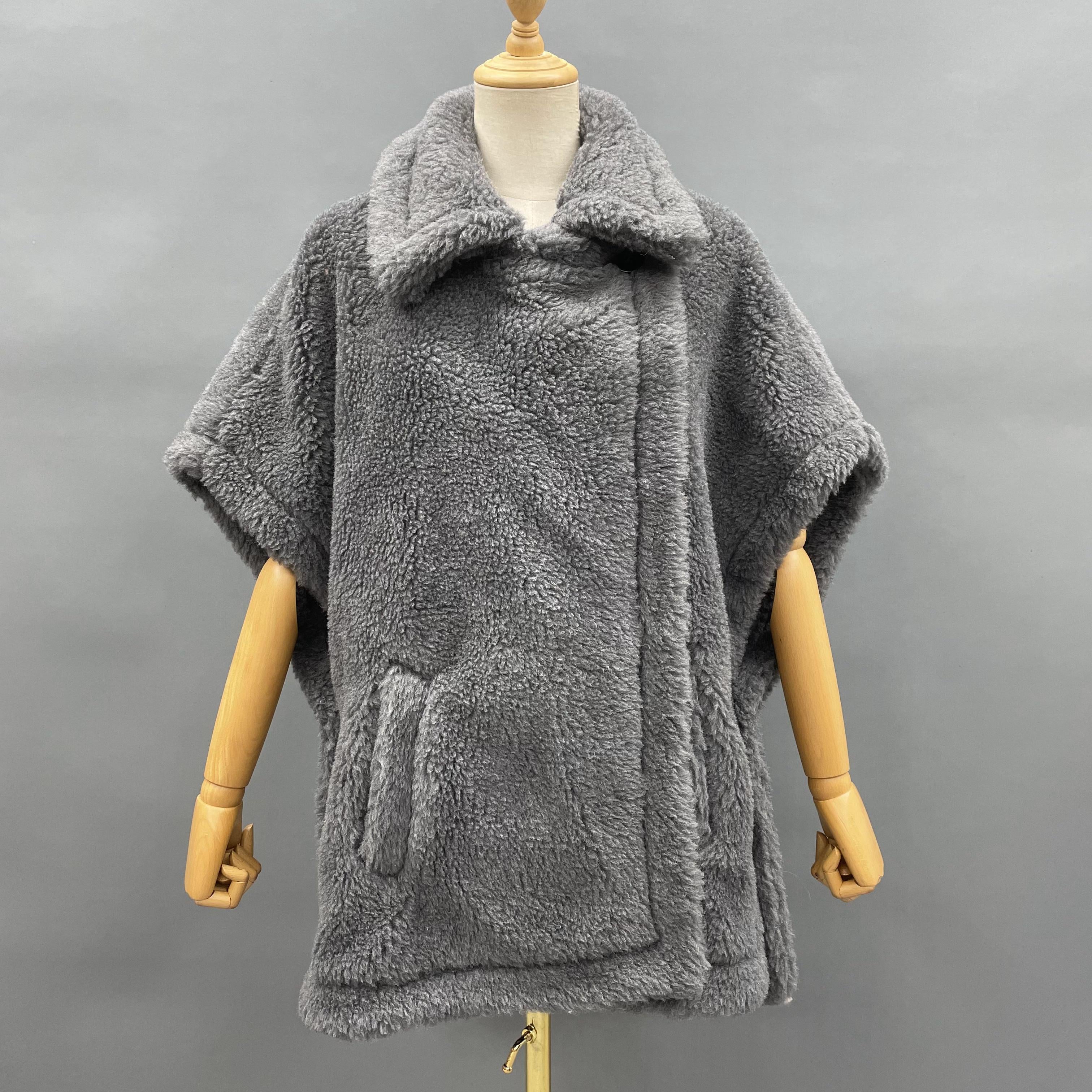 Women's Tan Teddy Fleece Poncho Coat with Notched Lapel & Pocket - Chic Winter Outerwear